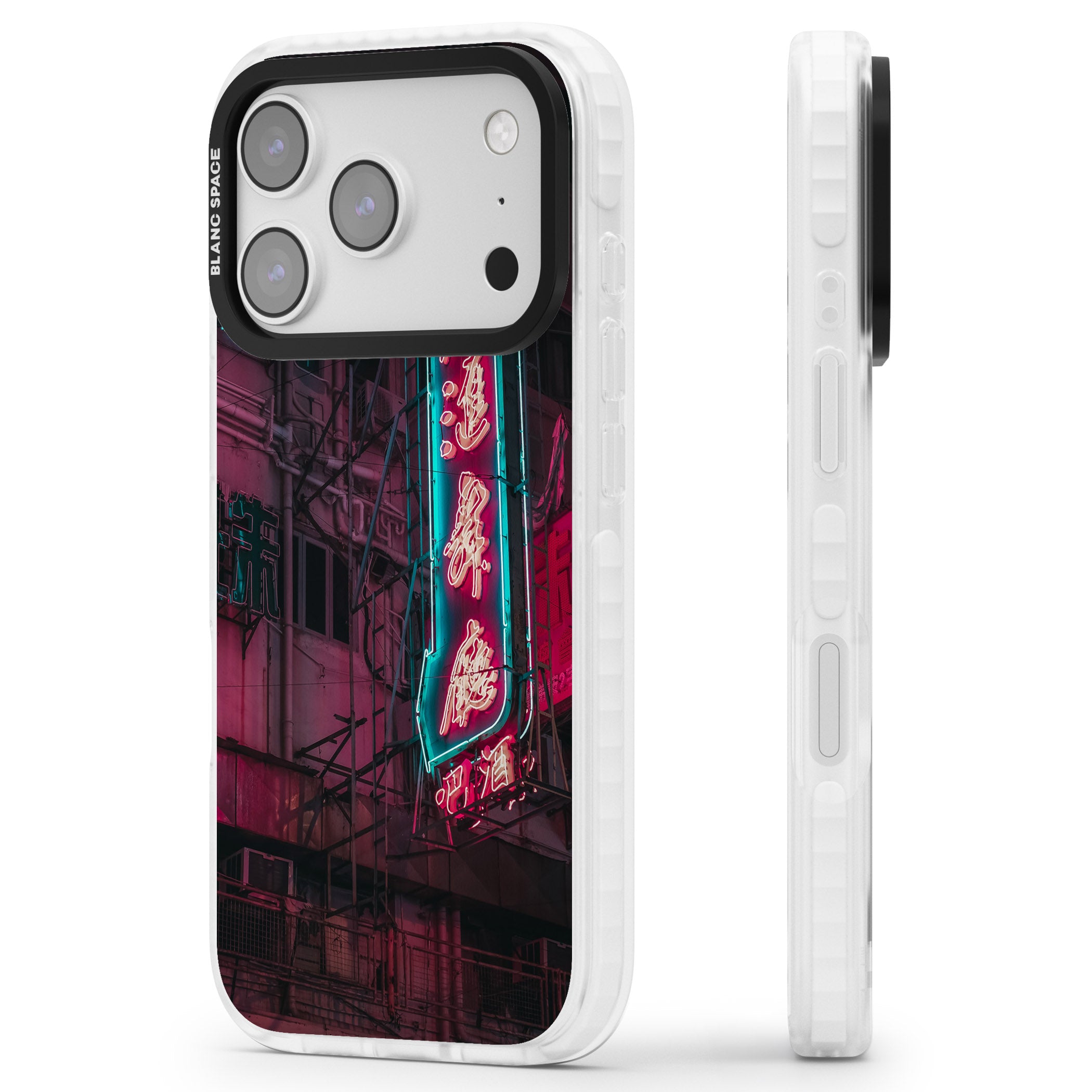 Neon Kanji Cityscape iPhone 17 Pro Impact Clear Phone Case Side Profile