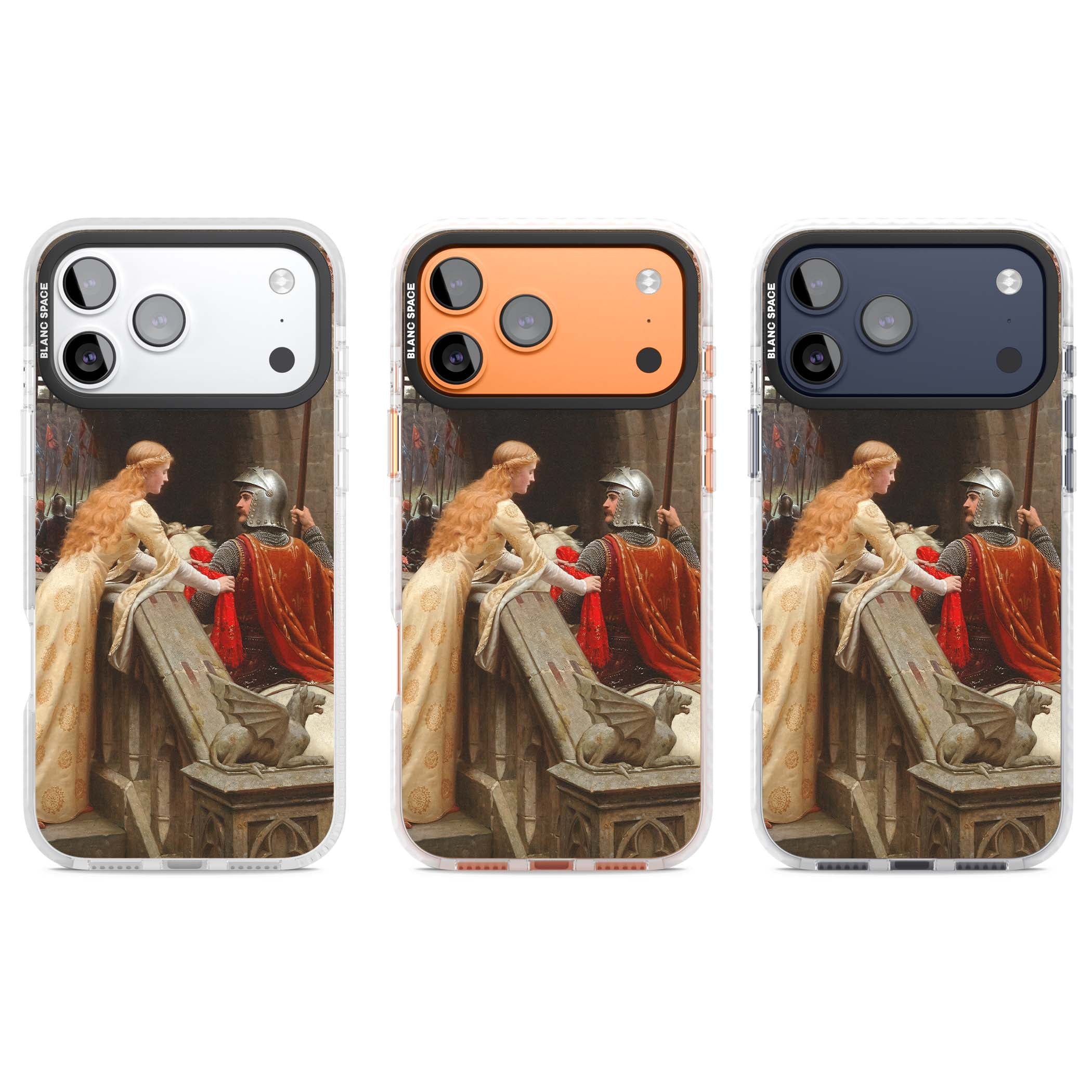 God Speed fine art iPhone case featuring Edmund Blair Leighton's medieval knight and lady beneath a stone archway | Black Impact case for iPhone 17 Pro, iPhone 17 Pro Max