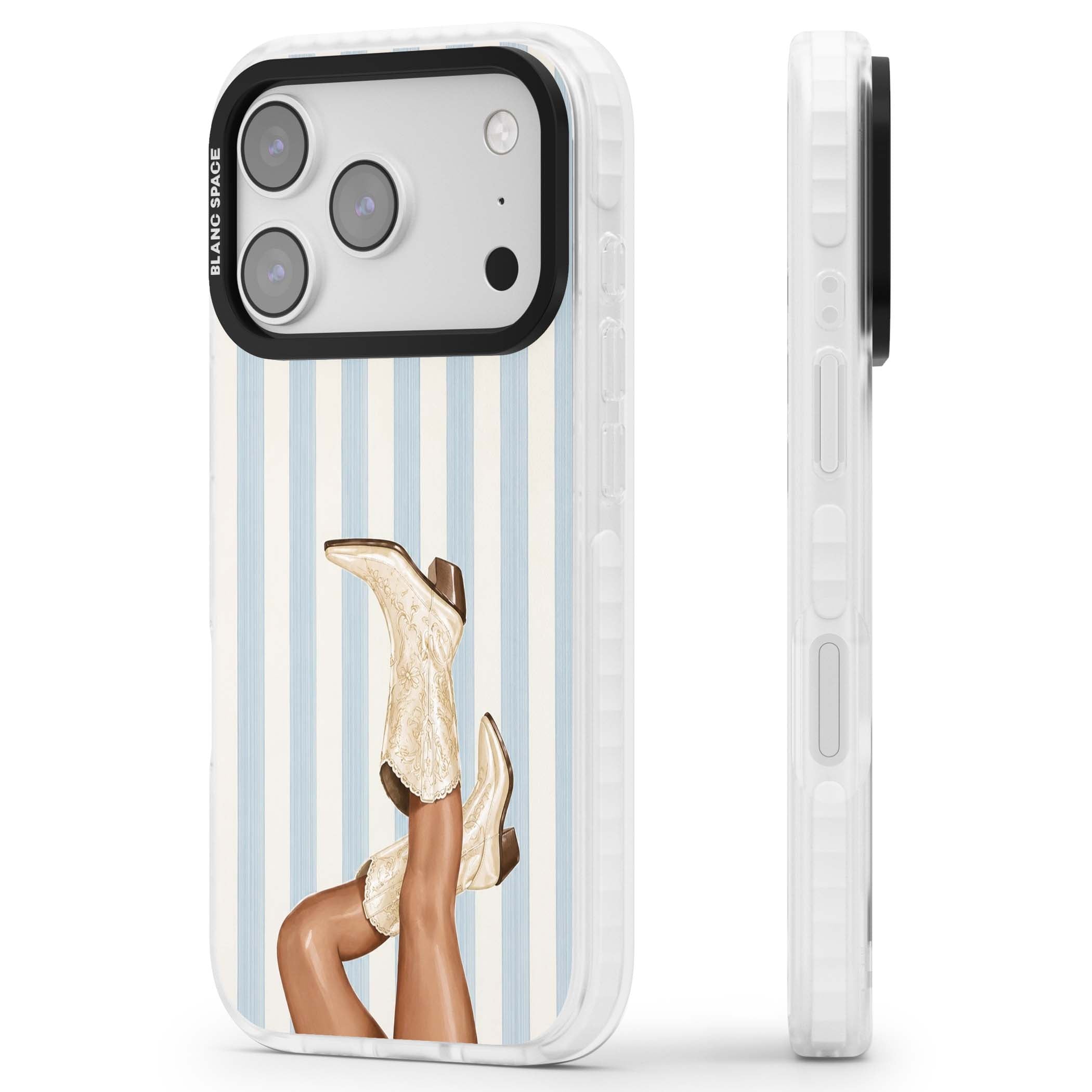 Cowgirl Boots coastal cowgirl iPhone case featuring embroidered western boots, tanned legs and a blue stripe backdrop | Black Impact case for iPhone 17 Pro, iPhone 17 Pro Max