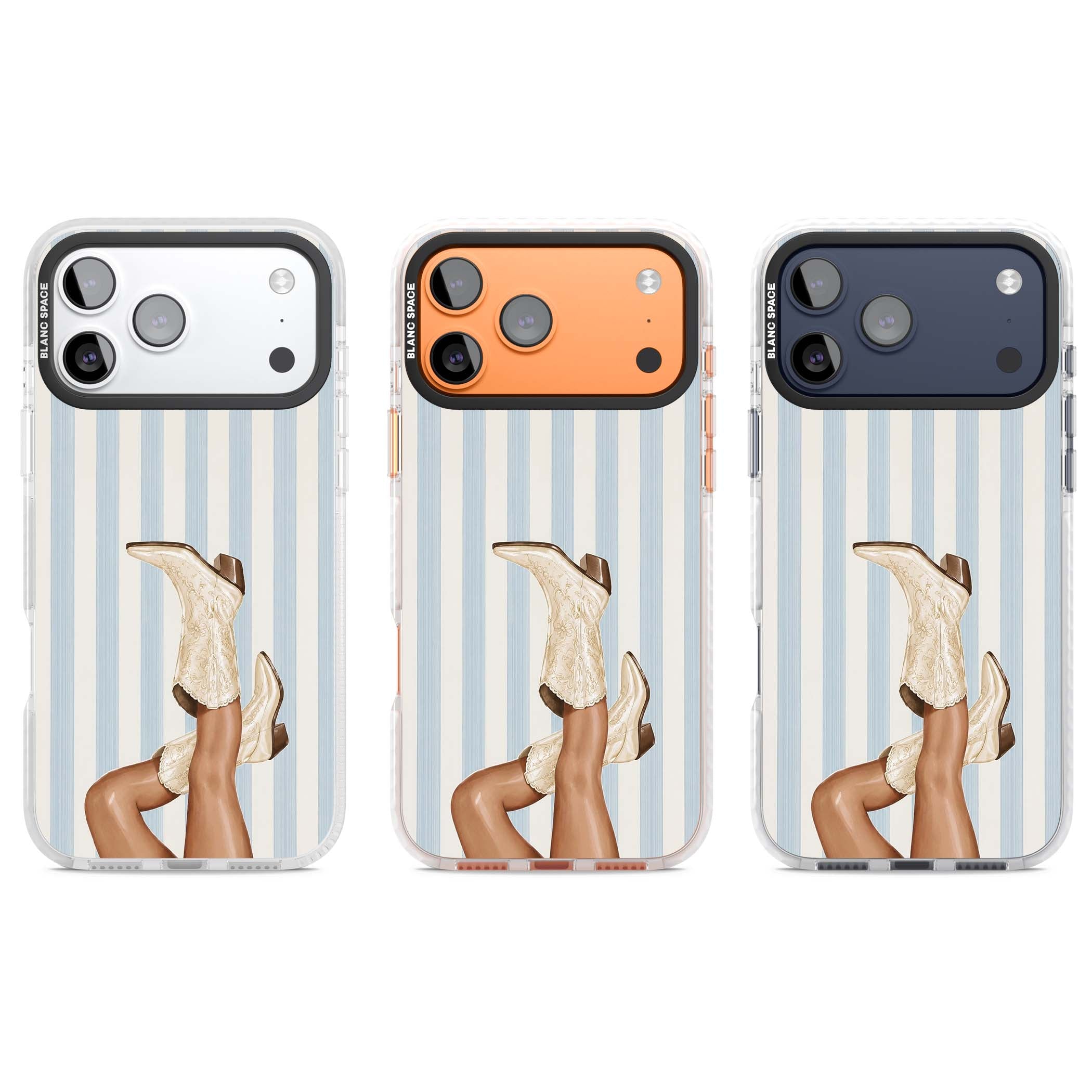 Cowgirl Boots coastal cowgirl iPhone case featuring embroidered western boots, tanned legs and a blue stripe backdrop | Black Impact case for iPhone 17 Pro, iPhone 17 Pro Max