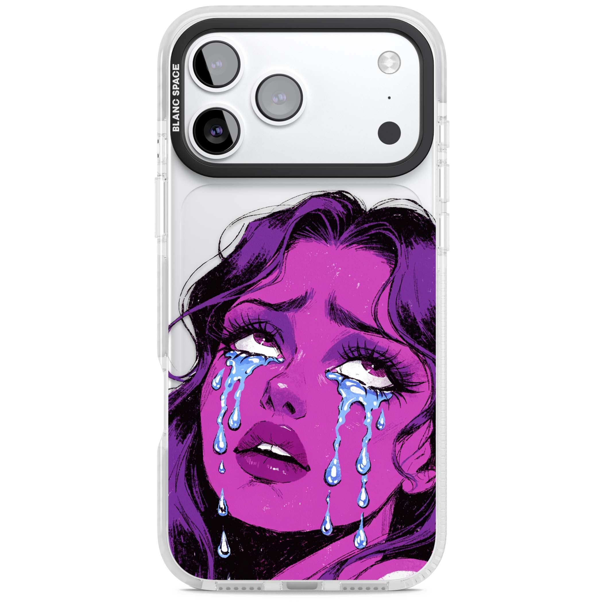Drama Queen pop art iPhone case featuring a purple crying comic girl with blue tears | Black Impact case for iPhone 17 Pro, iPhone 17 Pro Max
