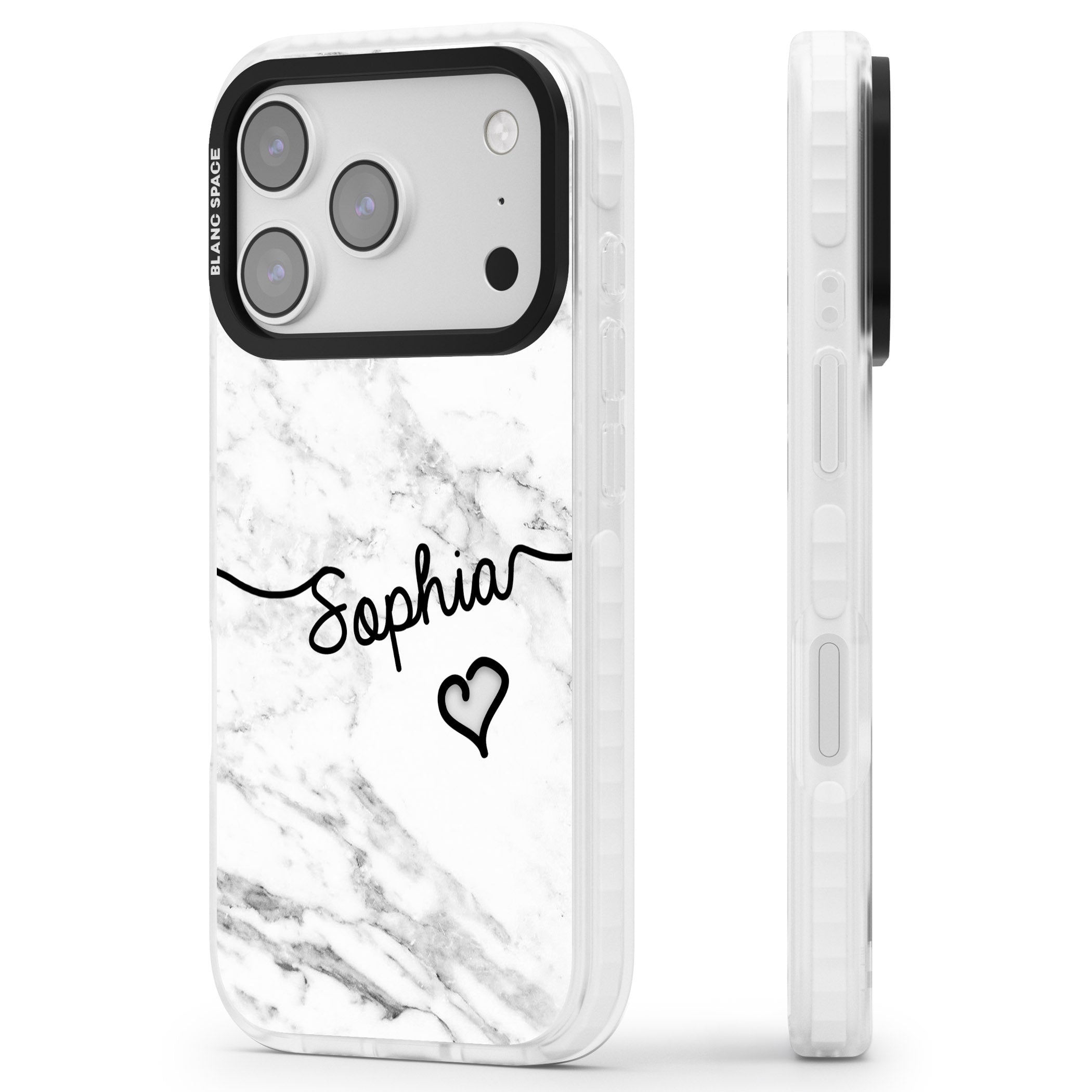 Personalised White Marble Heart iPhone 17 Pro Impact Clear Phone Case Side Profile