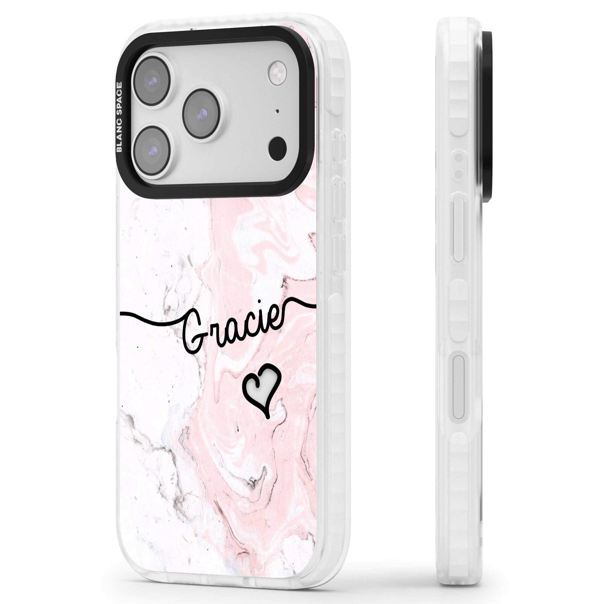 Personalised Pink Marble iPhone 17 Pro Impact Clear Phone Case Side Profile
