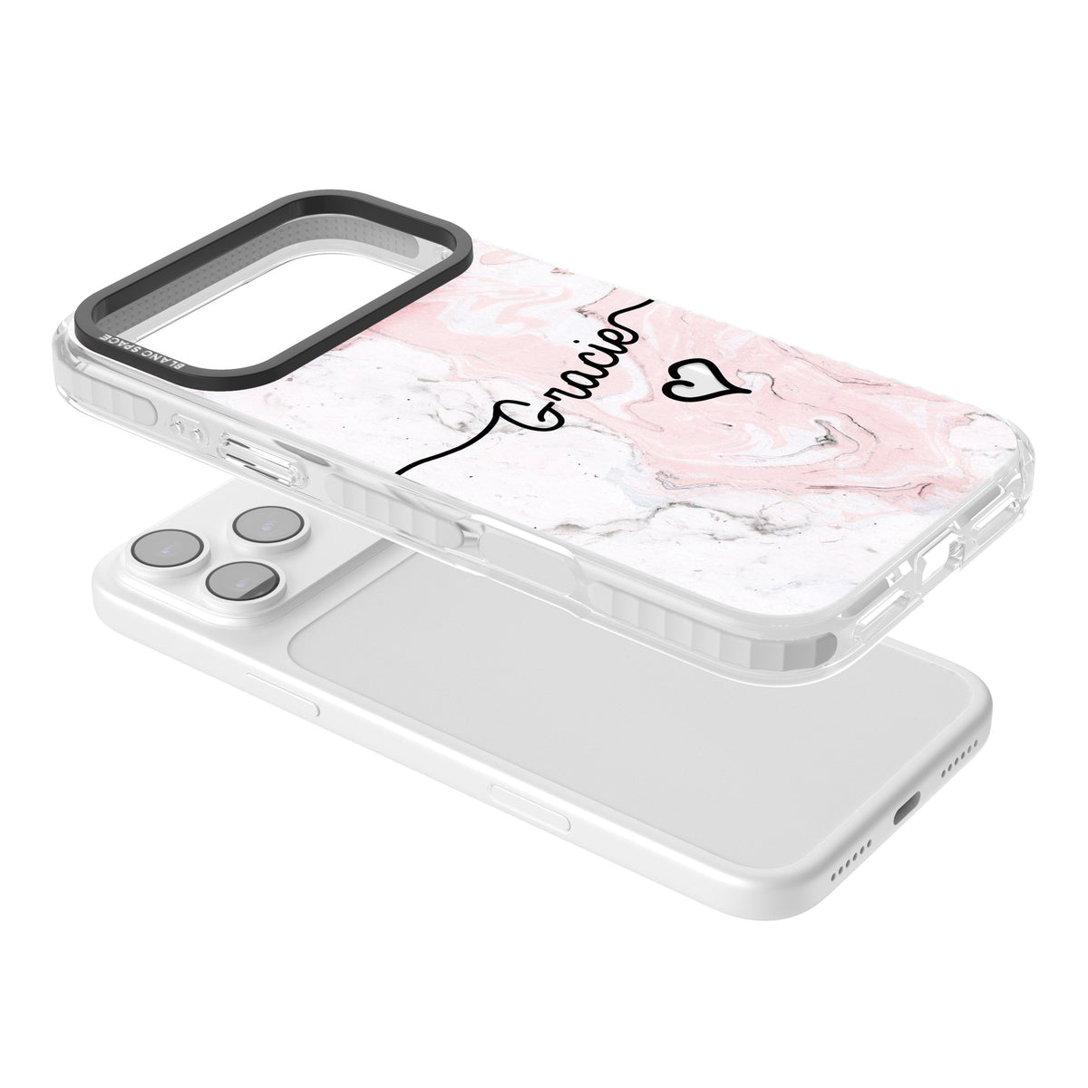 Personalised Pink Marble iPhone 17 Pro Max Impact Clear Phone Case angled