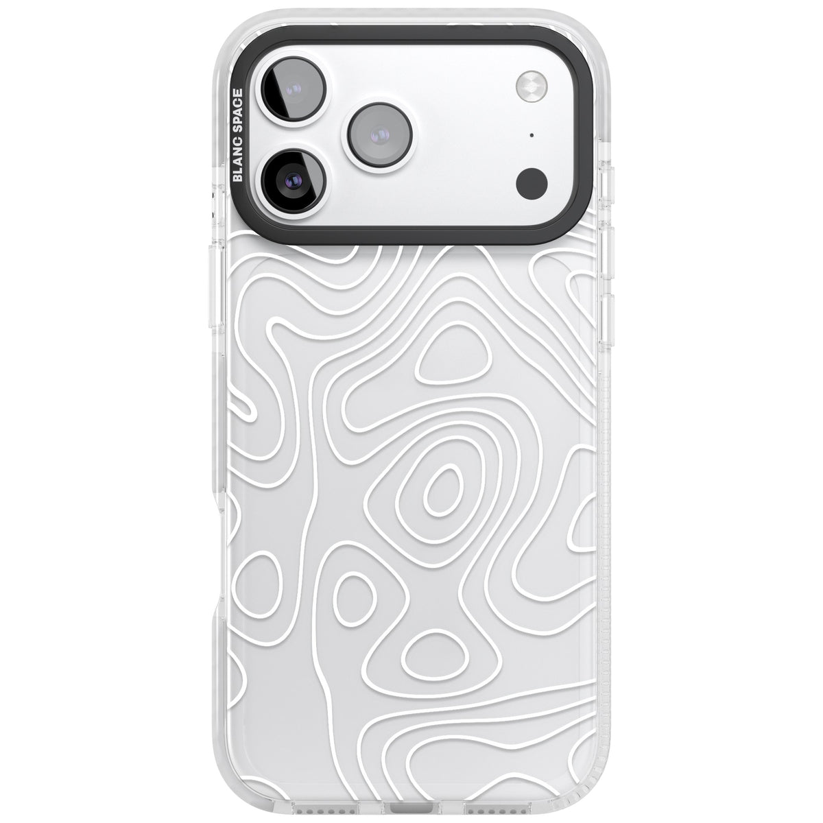 White Damascus Steel abstract iPhone case featuring white topographic contour lines on a clear back with a black bumper iPhone 17 Pro Max Impact Clear Phone Case front