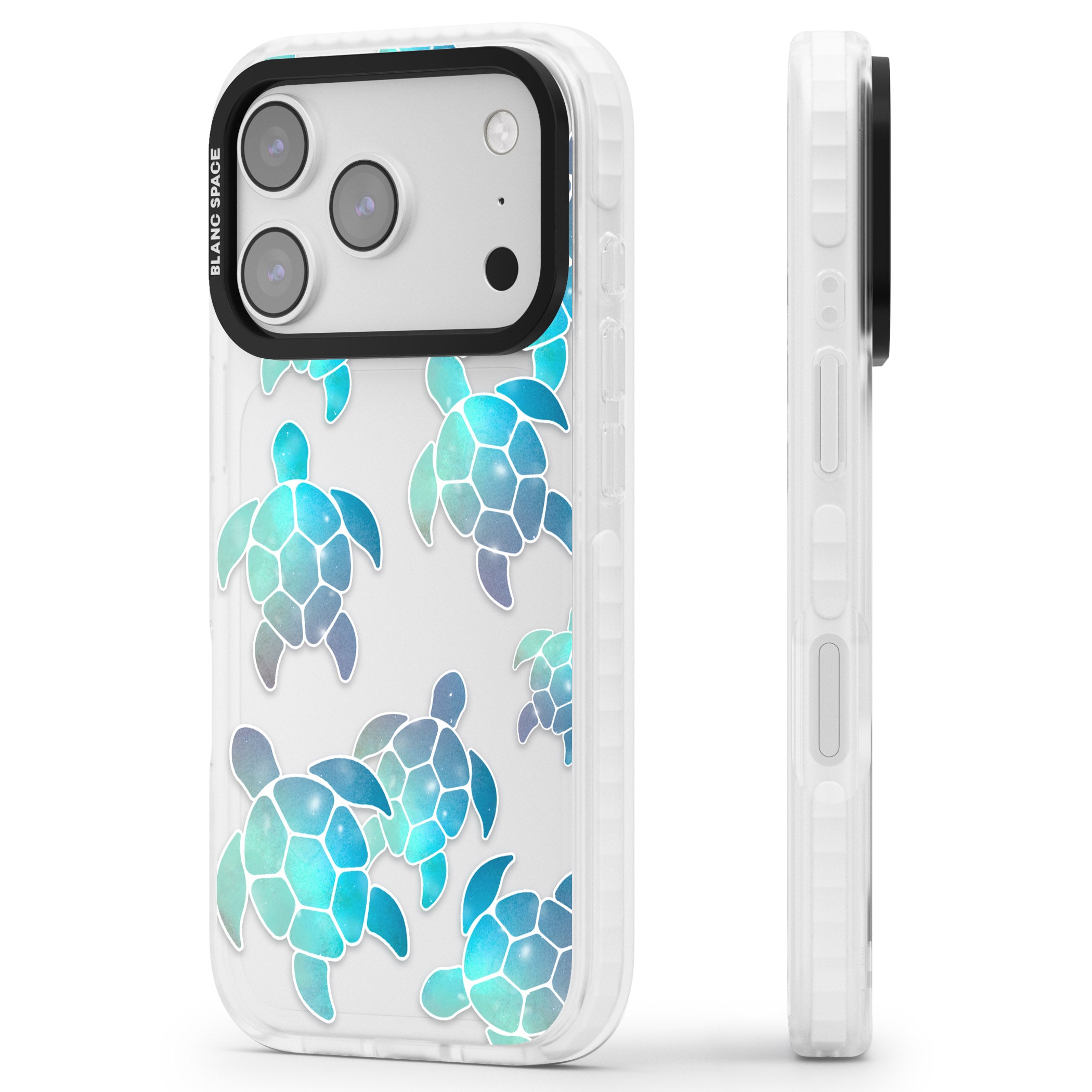 Aqua Space Turtles iPhone 17 Pro Impact Clear Phone Case Side Profile