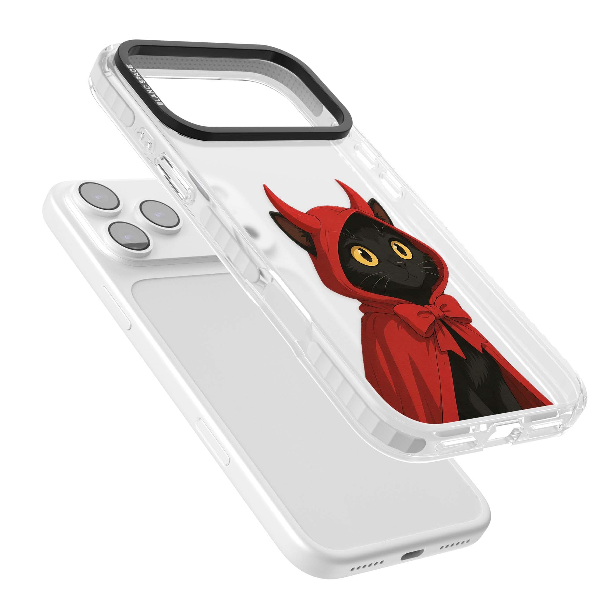 Little Devil halloween iPhone case featuring a black cat in a red hooded devil cloak with horns and golden eyes | Black Impact case for iPhone 17 Pro, iPhone 17 Pro Max