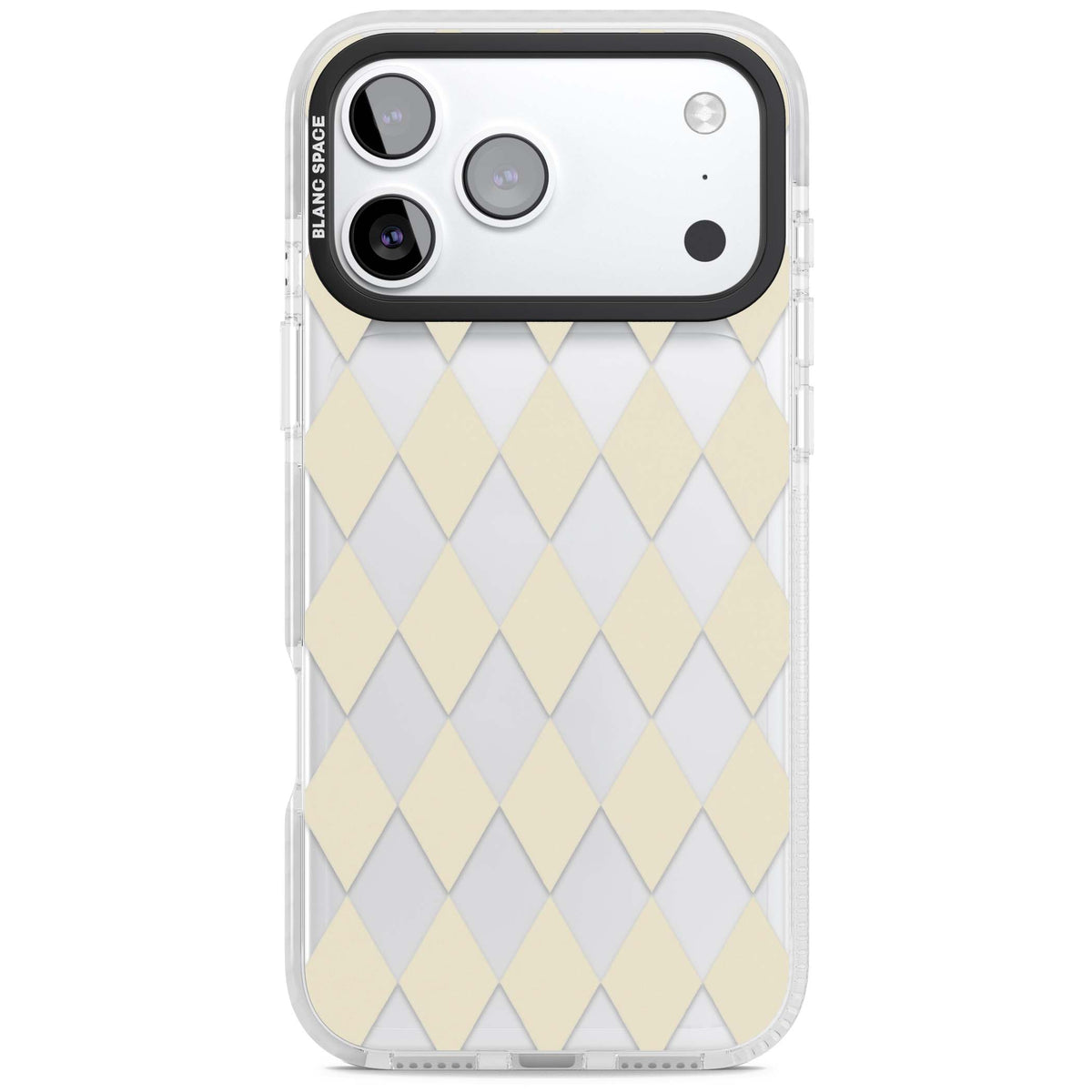 Beige Diamonds minimalist iPhone case featuring a cream and clear diamond harlequin pattern | Black Impact case for iPhone 17 Pro, iPhone 17 Pro Max