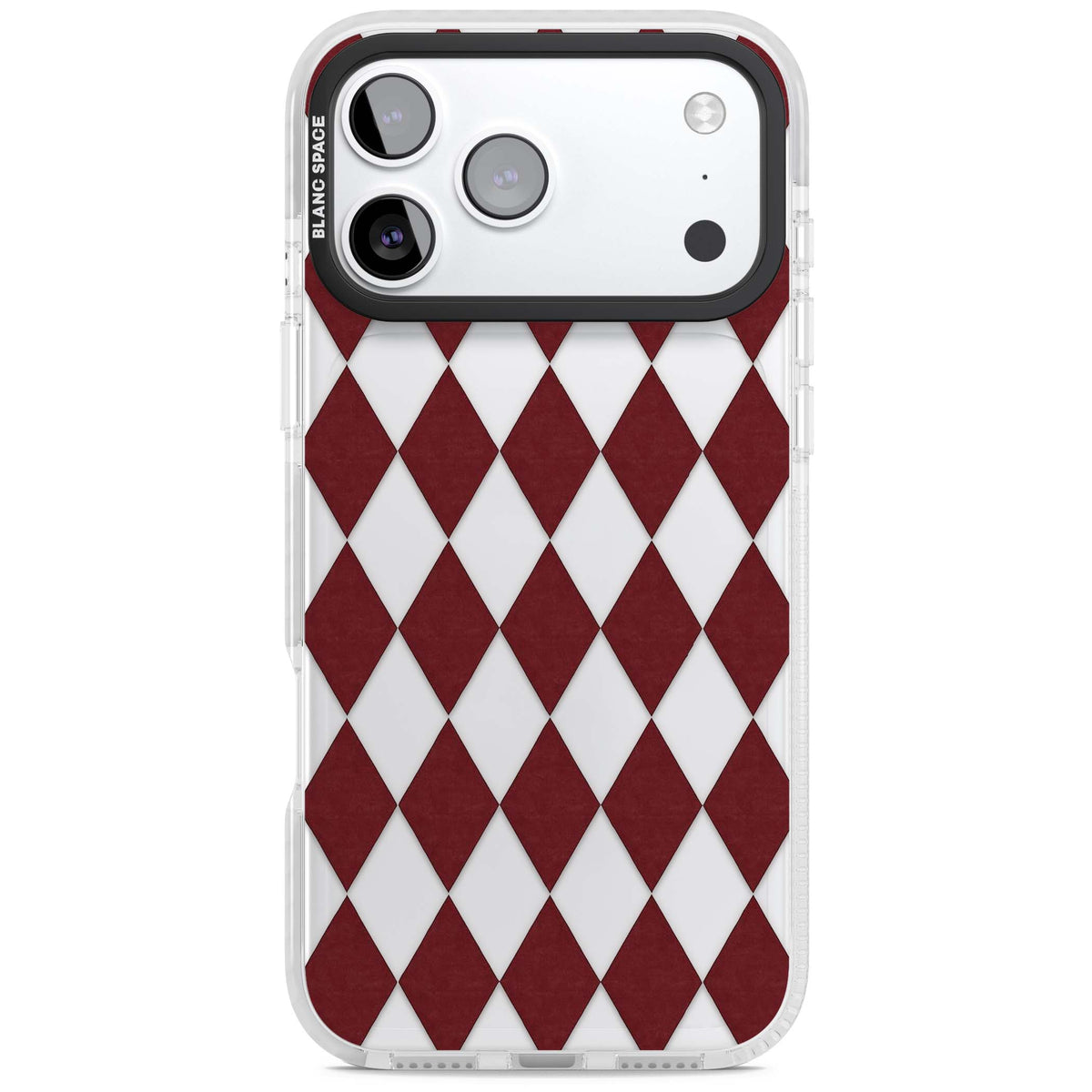 Burgundy Diamonds preppy iPhone case featuring burgundy and white diamond argyle pattern | Black Impact case for iPhone 17 Pro, iPhone 17 Pro Max