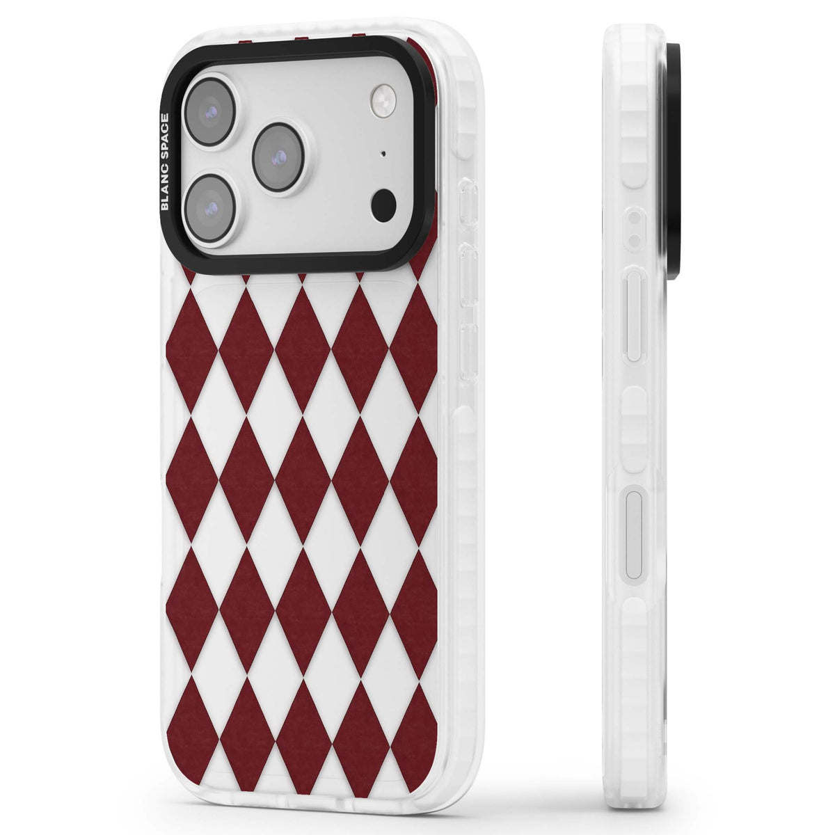 Burgundy Diamonds preppy iPhone case featuring burgundy and white diamond argyle pattern | Black Impact case for iPhone 17 Pro, iPhone 17 Pro Max