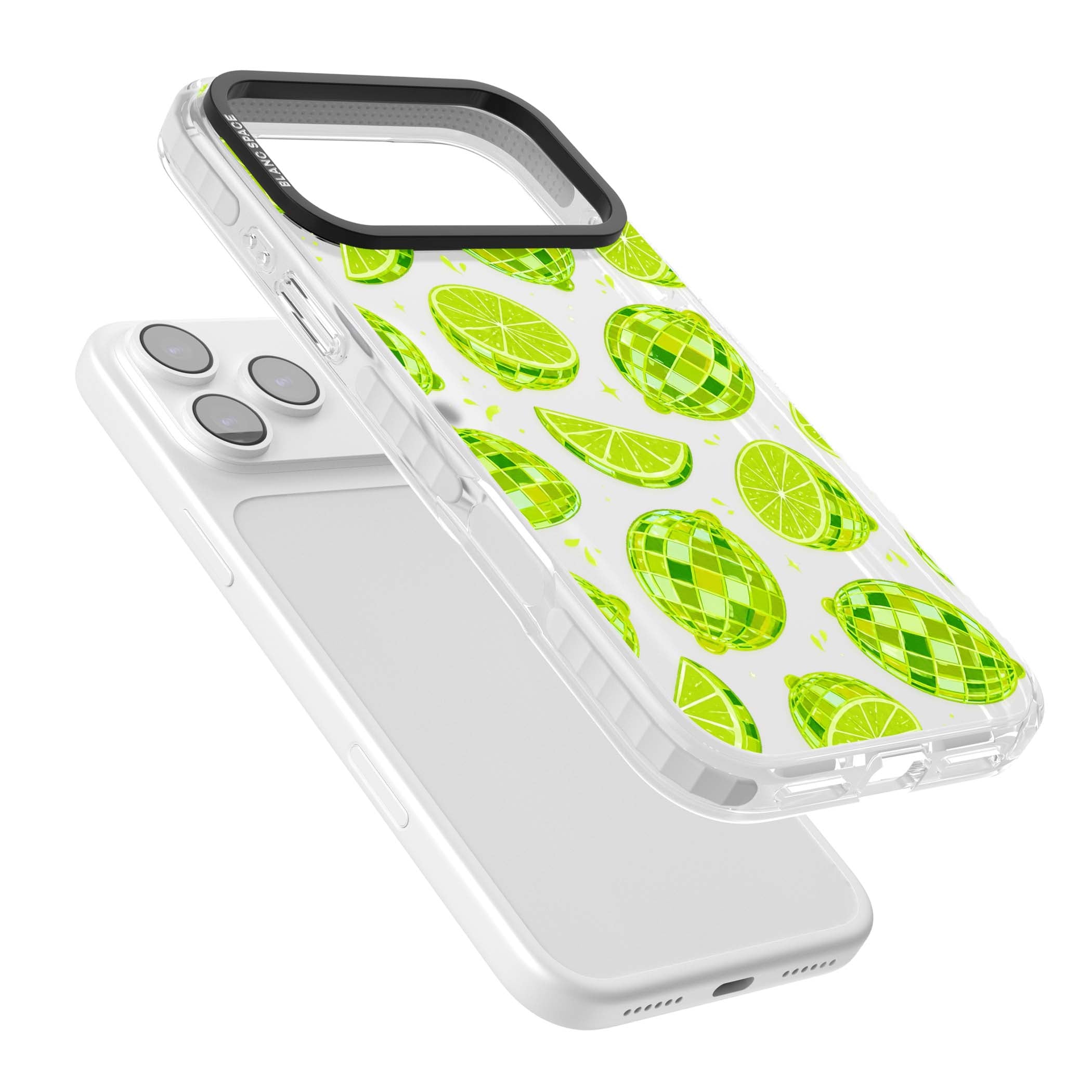 Disco Limes fruit aesthetic iPhone case featuring green disco balls, lime slices and citrus sparkles | Black Impact case for iPhone 17 Pro, iPhone 17 Pro Max