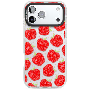 Disco Apples Y2K iPhone case featuring red disco ball apples, green leaves and pink sparkles on clear | Black Impact case for iPhone 17 Pro, iPhone 17 Pro Max