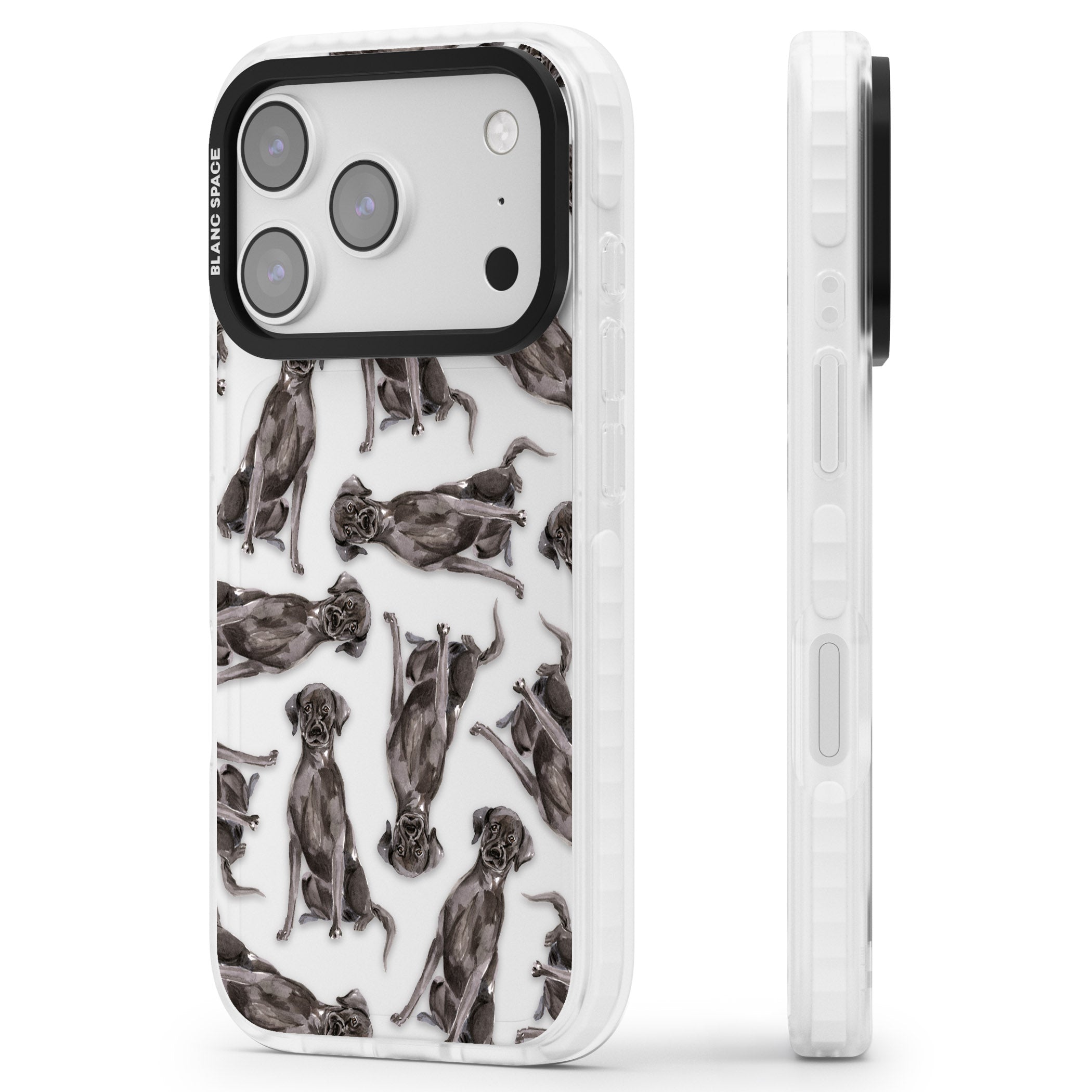 Black Labrador Watercolor Pattern iPhone 17 Pro Impact Clear Phone Case Side Profile