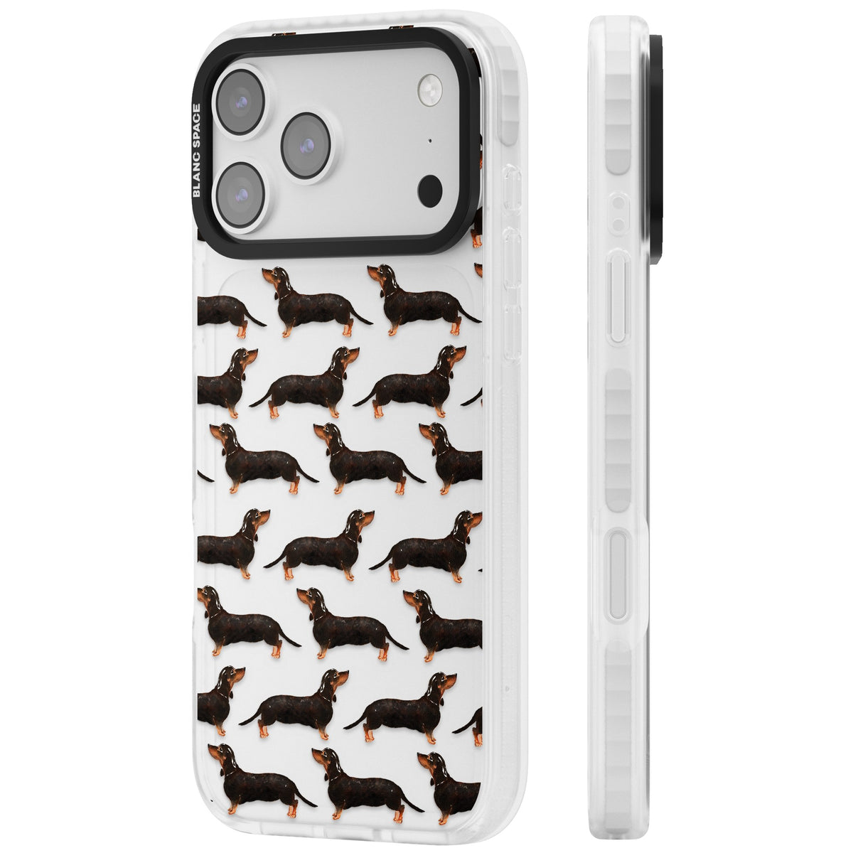 Dachshund Pattern Black Tan iPhone 17 Pro Max Impact Clear Phone Case side
