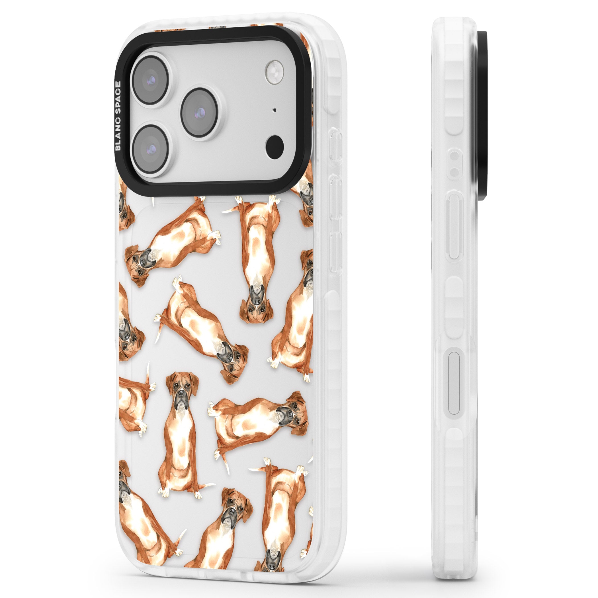Boxer Watercolor Dog Pattern iPhone 17 Pro Impact Clear Phone Case Side Profile