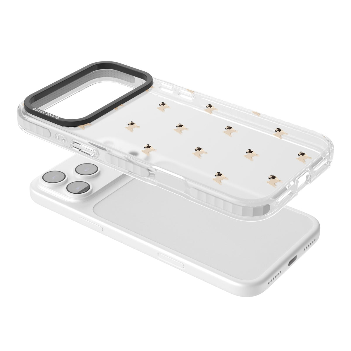 Pug Pattern iPhone 17 Pro Max Impact Clear Phone Case angled