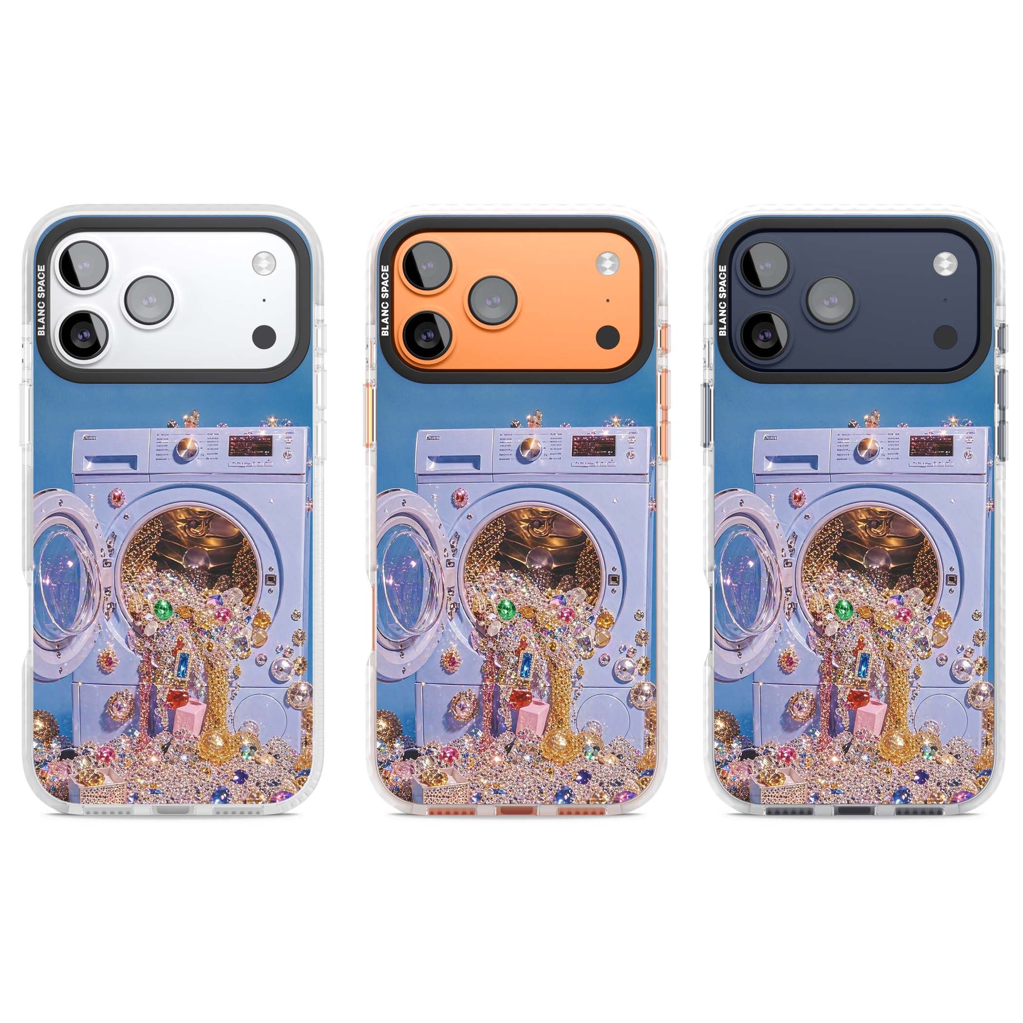 Gem Laundry baddie iPhone case featuring a surreal washing machine overflowing with colourful gemstones and crystals | Black Impact case for iPhone 17 Pro, iPhone 17 Pro Max