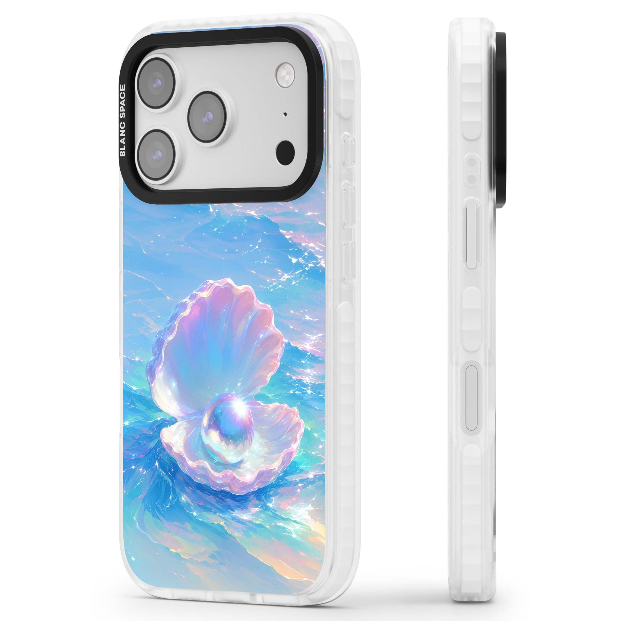 The Pearl Clam mermaidcore iPhone case featuring iridescent seashell, glowing pearl and pastel ocean waves | Black Impact case for iPhone 17 Pro, iPhone 17 Pro Max
