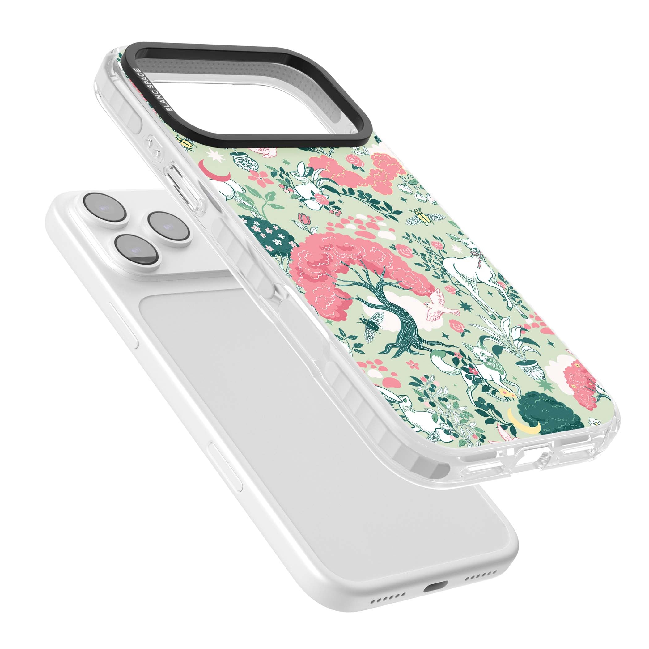 Enchanted Woodland cottagecore iPhone case featuring white deer, pink roses, mushrooms and woodland animals on sage green | Black Impact case for iPhone 17 Pro, iPhone 17 Pro Max