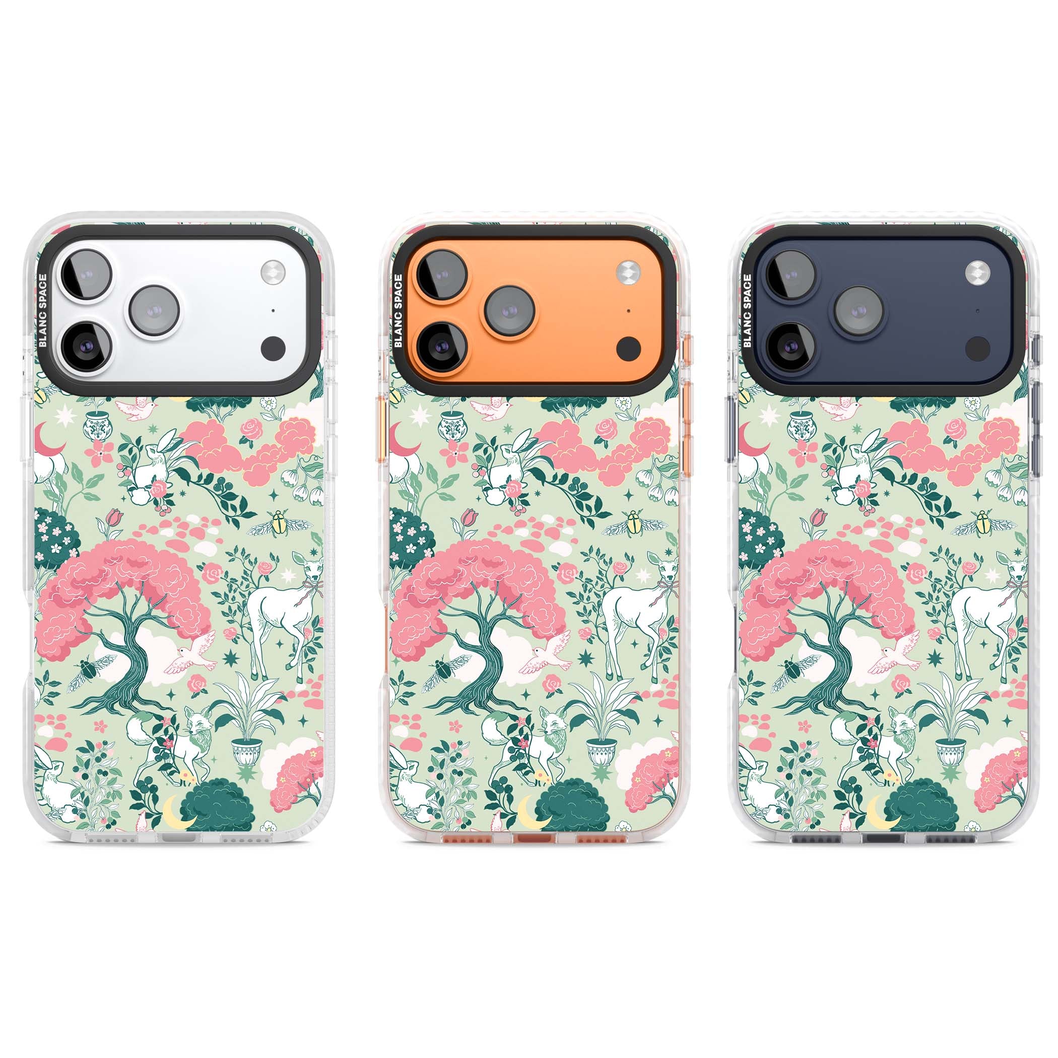 Enchanted Woodland cottagecore iPhone case featuring white deer, pink roses, mushrooms and woodland animals on sage green | Black Impact case for iPhone 17 Pro, iPhone 17 Pro Max