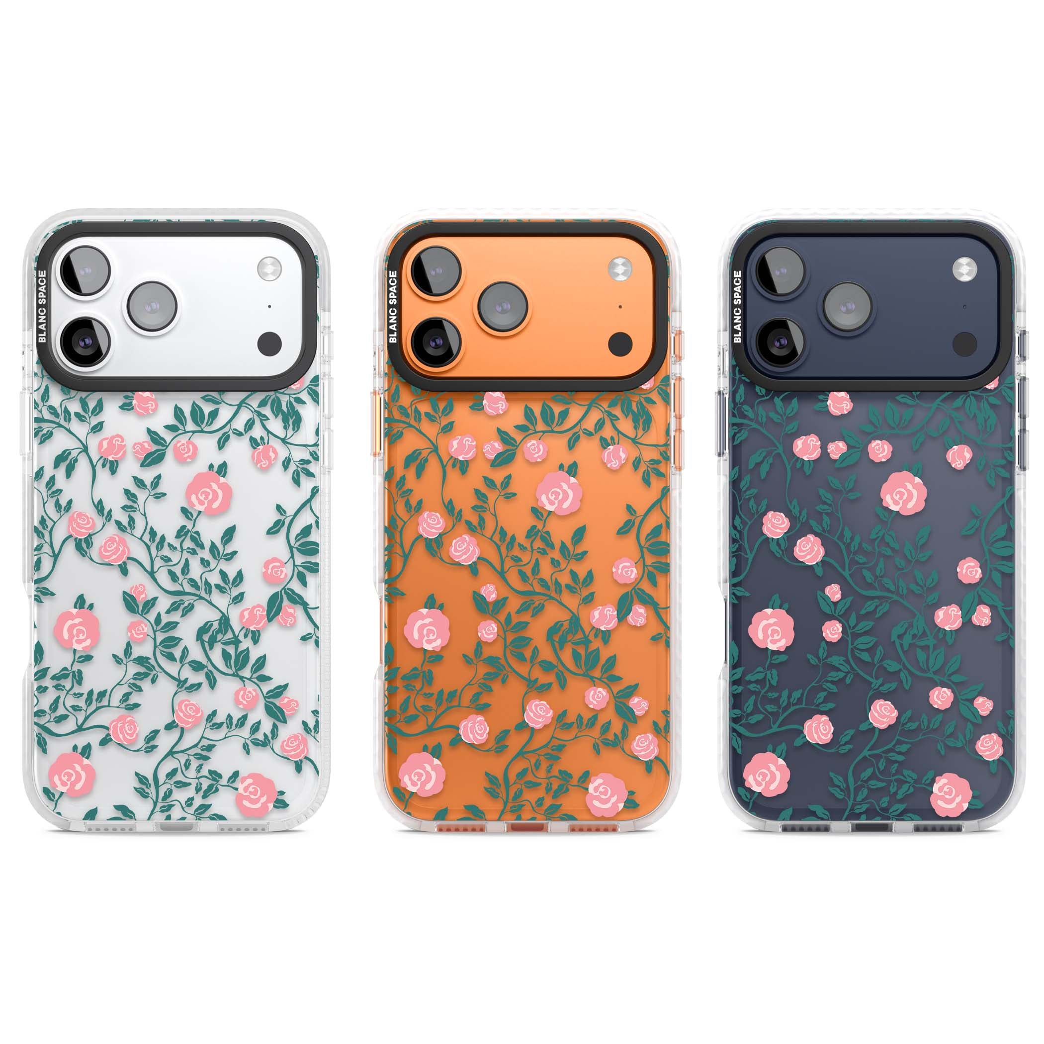 Rose Trellis (Clear) cottagecore iPhone case featuring pink climbing roses and green leaves on clear background | Black Impact case for iPhone 17 Pro, iPhone 17 Pro Max