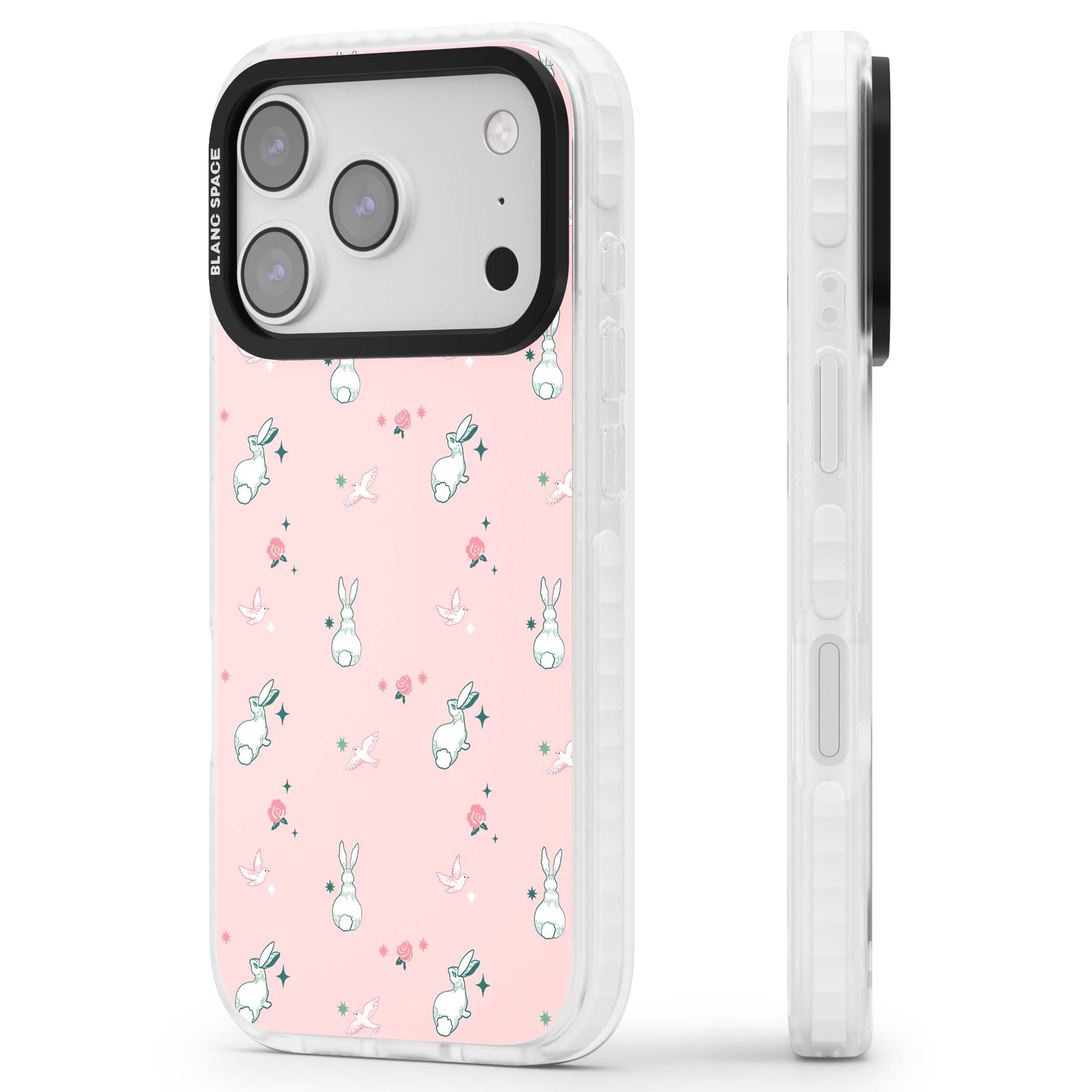 Bunny Garden kawaii iPhone case featuring white rabbits, pink roses, doves and stars on pink background | Black Impact case for iPhone 17 Pro, iPhone 17 Pro Max