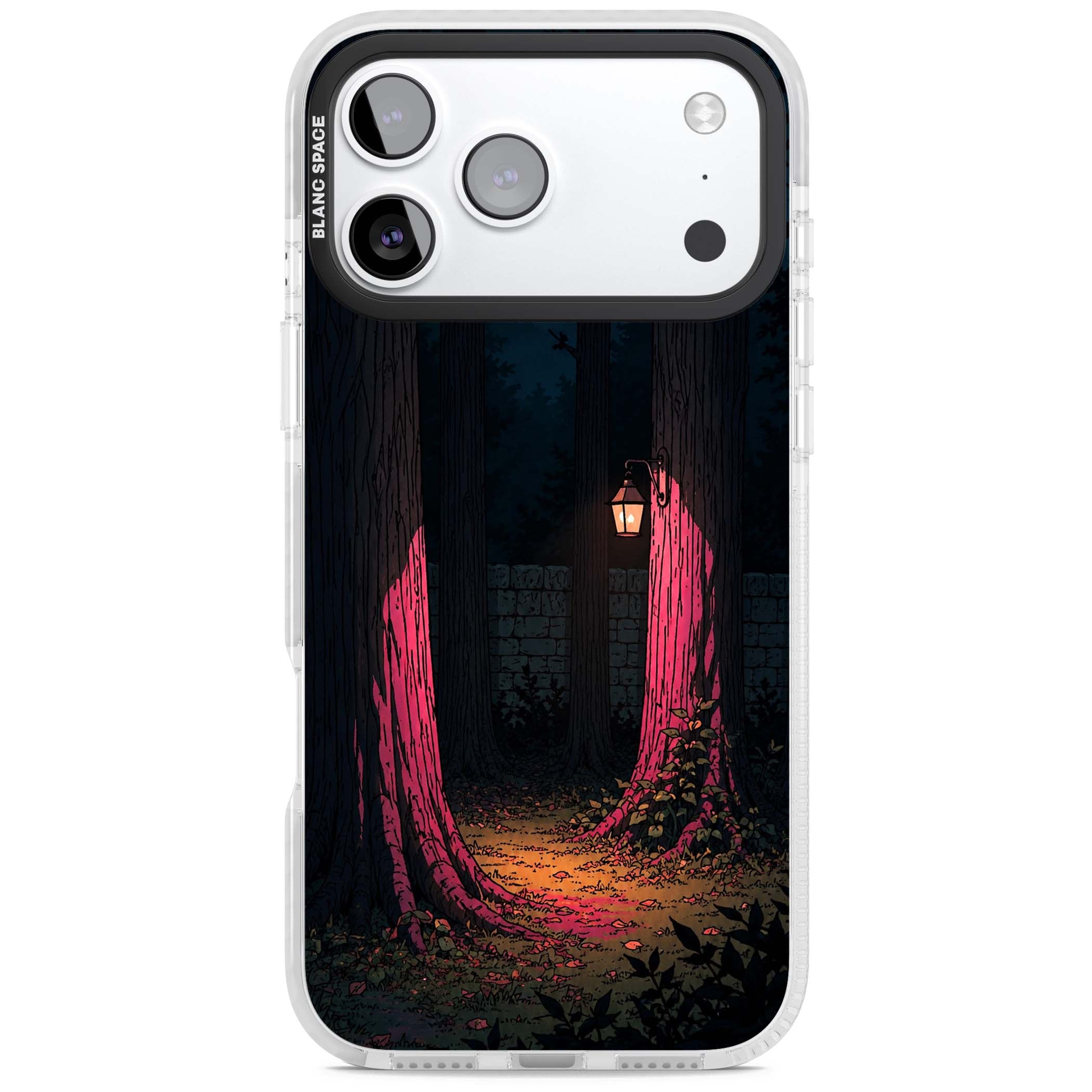 Forest Lantern dark academia iPhone case featuring a moonlit forest, glowing lantern, and stone wall pathway | Black Impact case for iPhone 17 Pro, iPhone 17 Pro Max