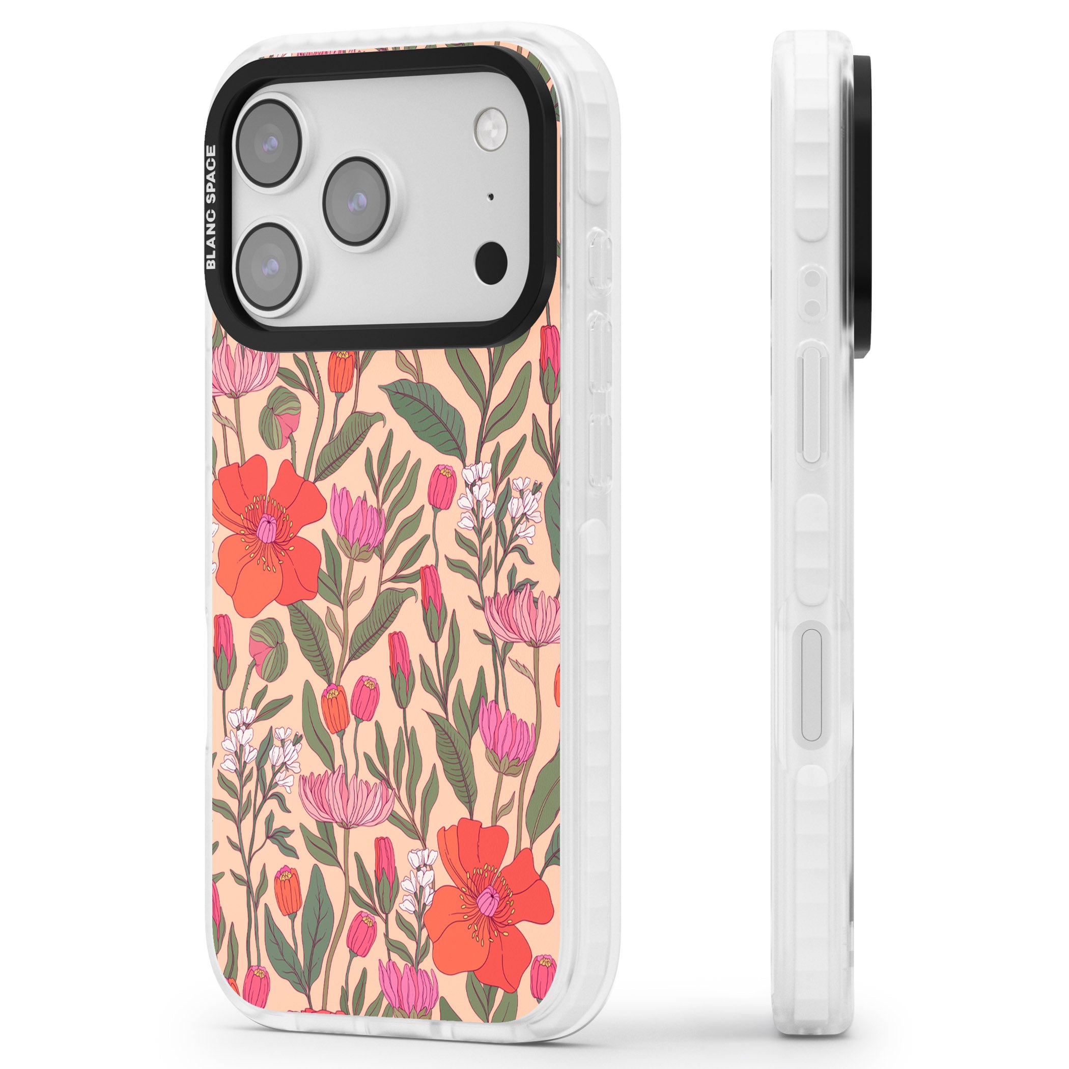 Peachy Floral Background iPhone 17 Pro Impact Clear Phone Case Side Profile