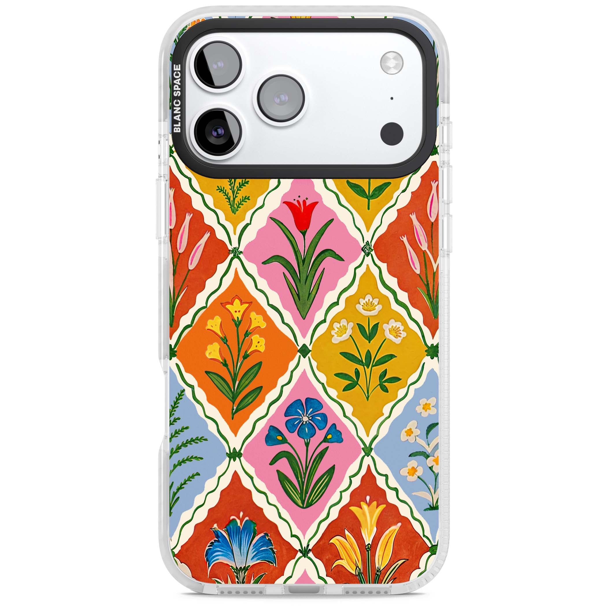 Floral Quilt boho floral iPhone case featuring diamond lattice pattern, hand-painted tulips and folk art wildflowers | Black Impact case for iPhone 17 Pro, iPhone 17 Pro Max