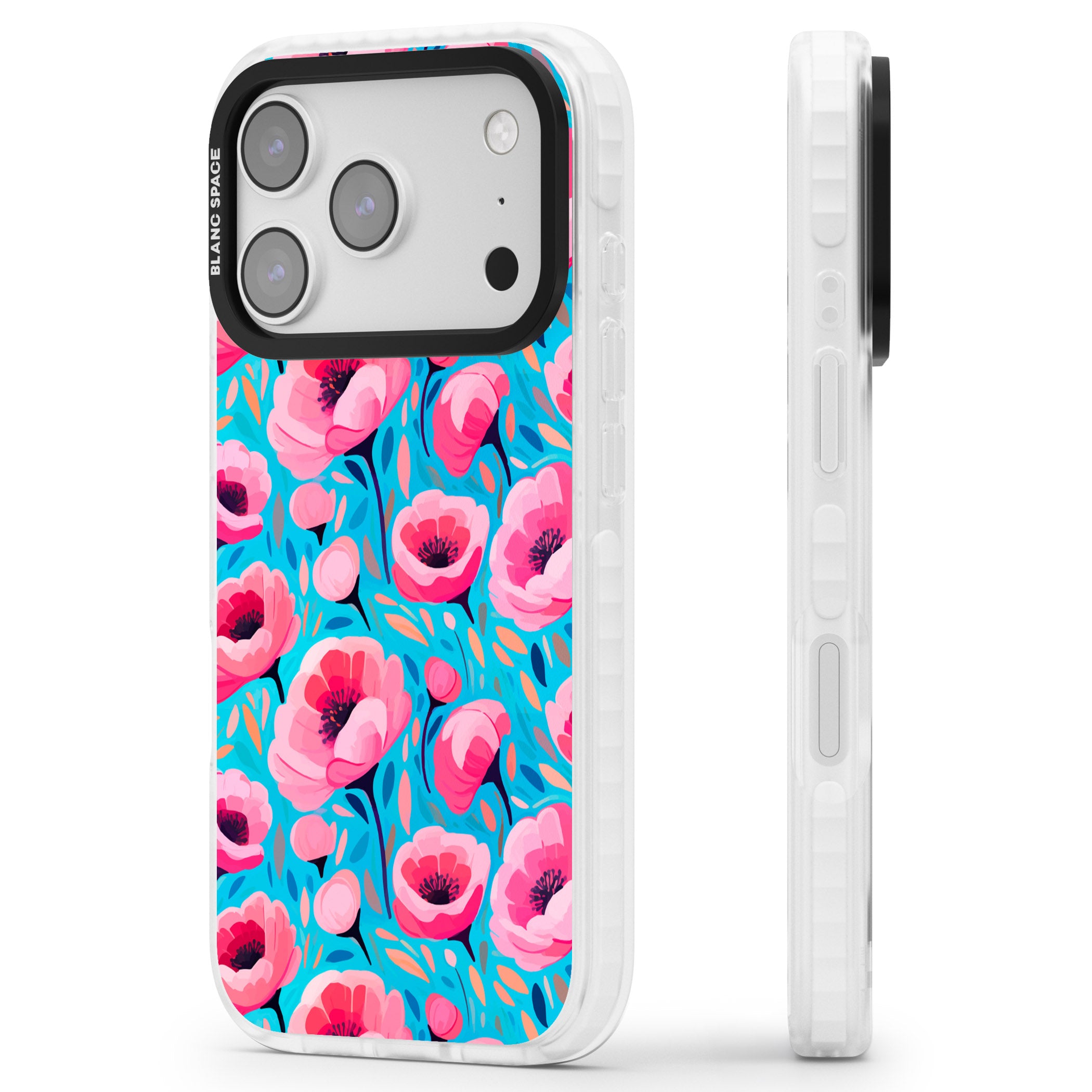 Tropical Pink Poppies iPhone 17 Pro Impact Clear Phone Case Side Profile