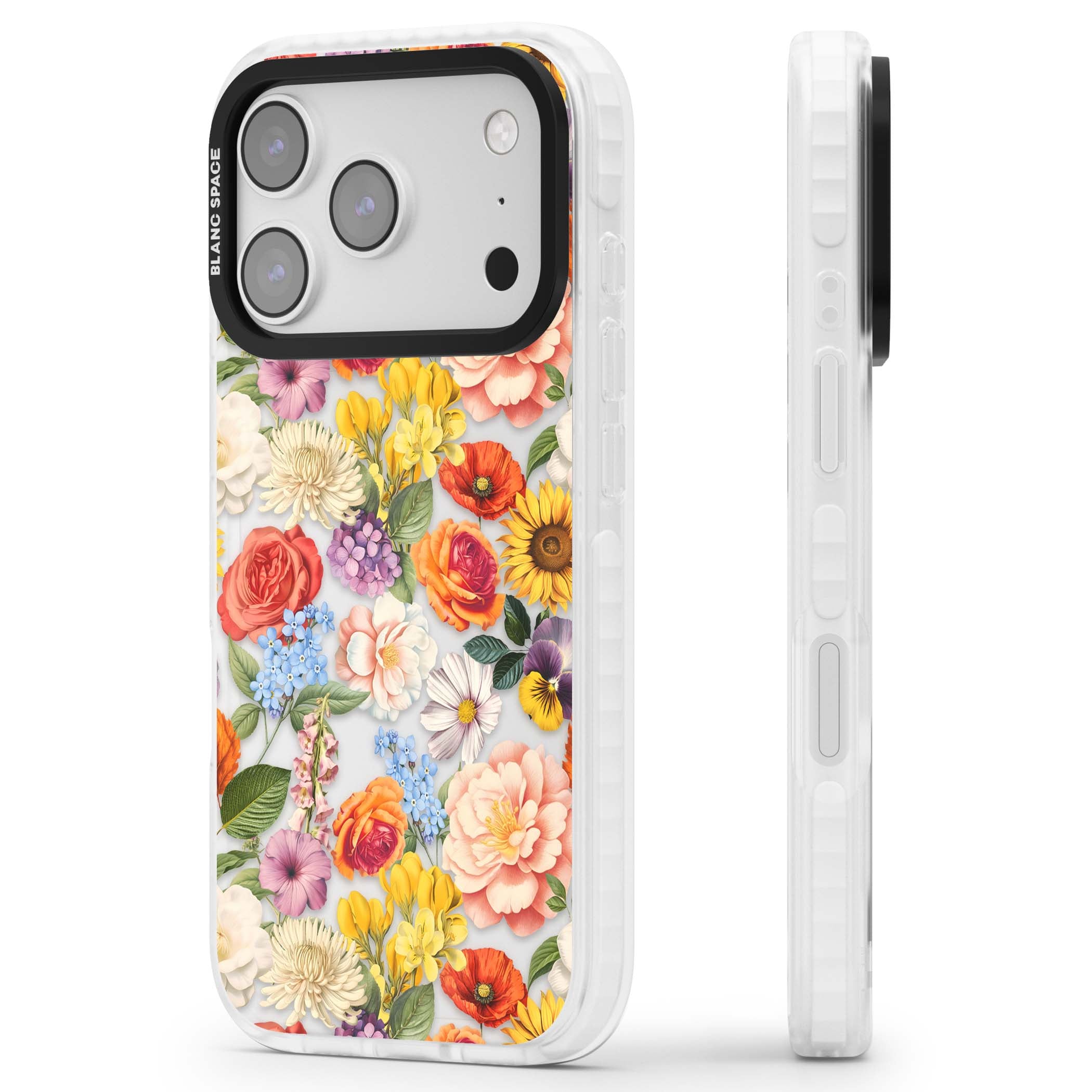 Bloom Basket floral iPhone case featuring cottage garden flowers including peonies, sunflowers, and wildflowers in pastel col | Black Impact case for iPhone 17 Pro, iPhone 17 Pro Max