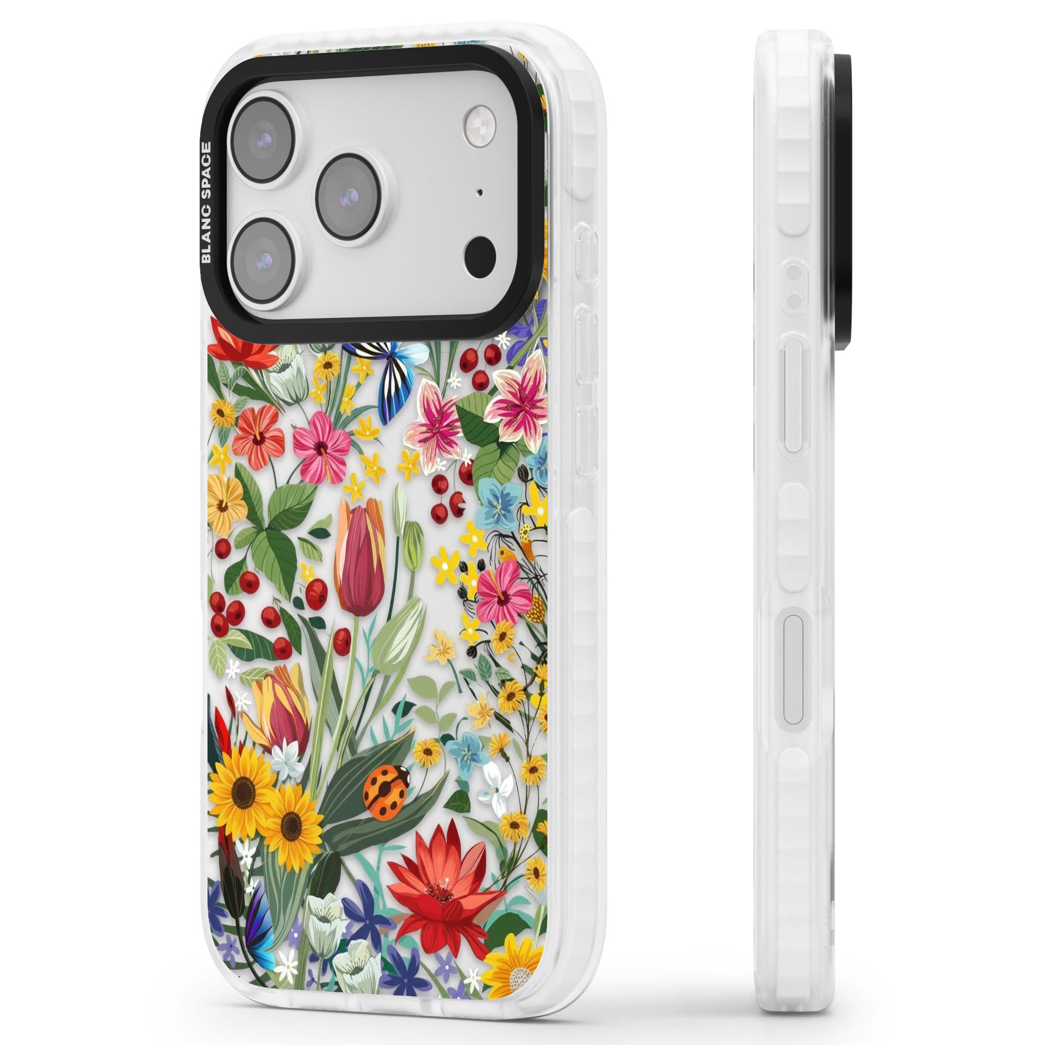 Botanical Bloom cottagecore iPhone case featuring colorful wildflowers, sunflowers, and ladybugs on clear background | Black Impact case for iPhone 17 Pro, iPhone 17 Pro Max