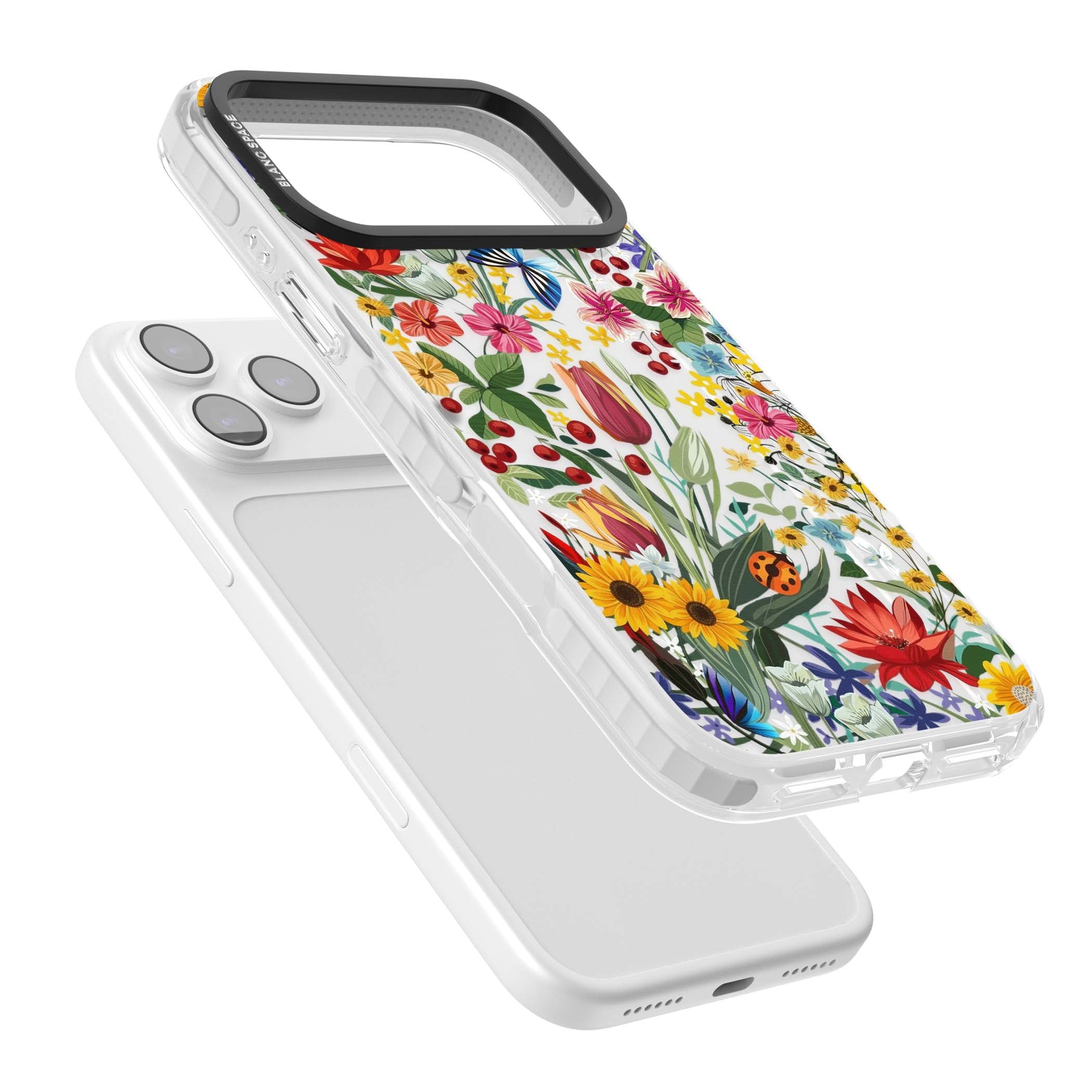 Botanical Bloom cottagecore iPhone case featuring colorful wildflowers, sunflowers, and ladybugs on clear background | Black Impact case for iPhone 17 Pro, iPhone 17 Pro Max