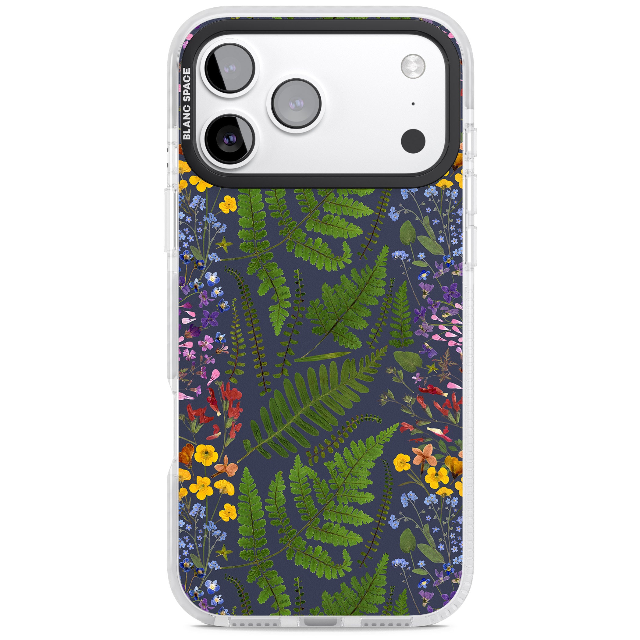 Busy Floral And Fern Design Navy iPhone 17 Pro Impact Clear Phone Case