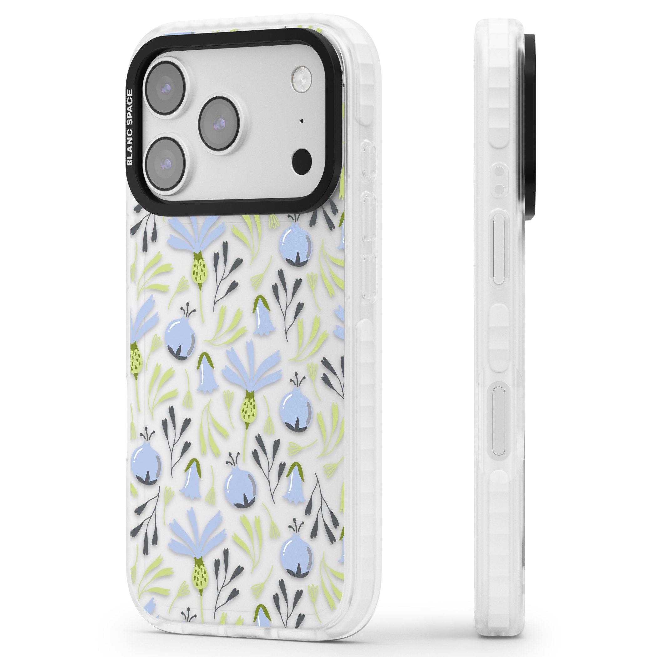 Blue Flora Bloom iPhone 17 Pro Impact Clear Phone Case Side Profile