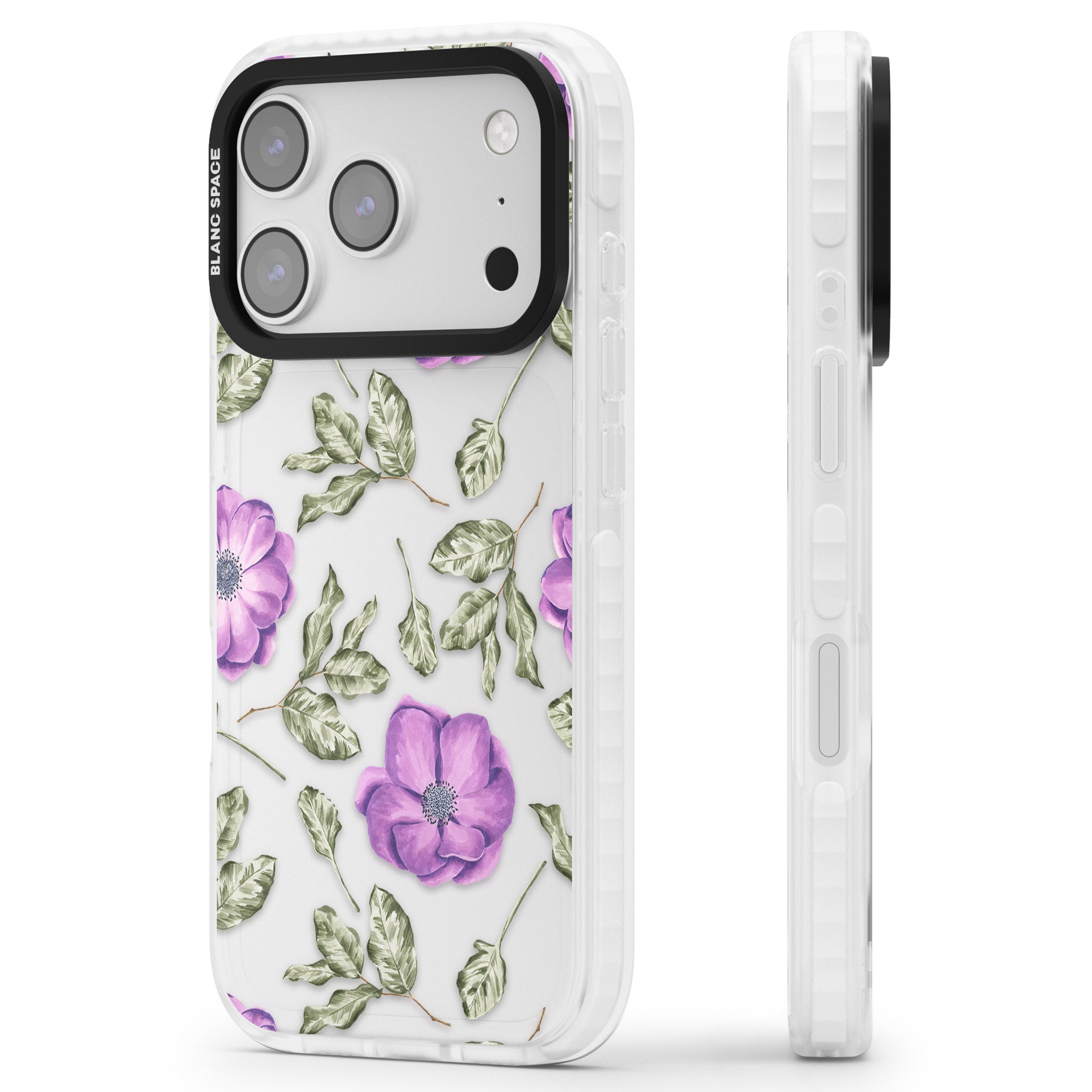 Purple Bloom Floral iPhone 17 Pro Impact Clear Phone Case Side Profile