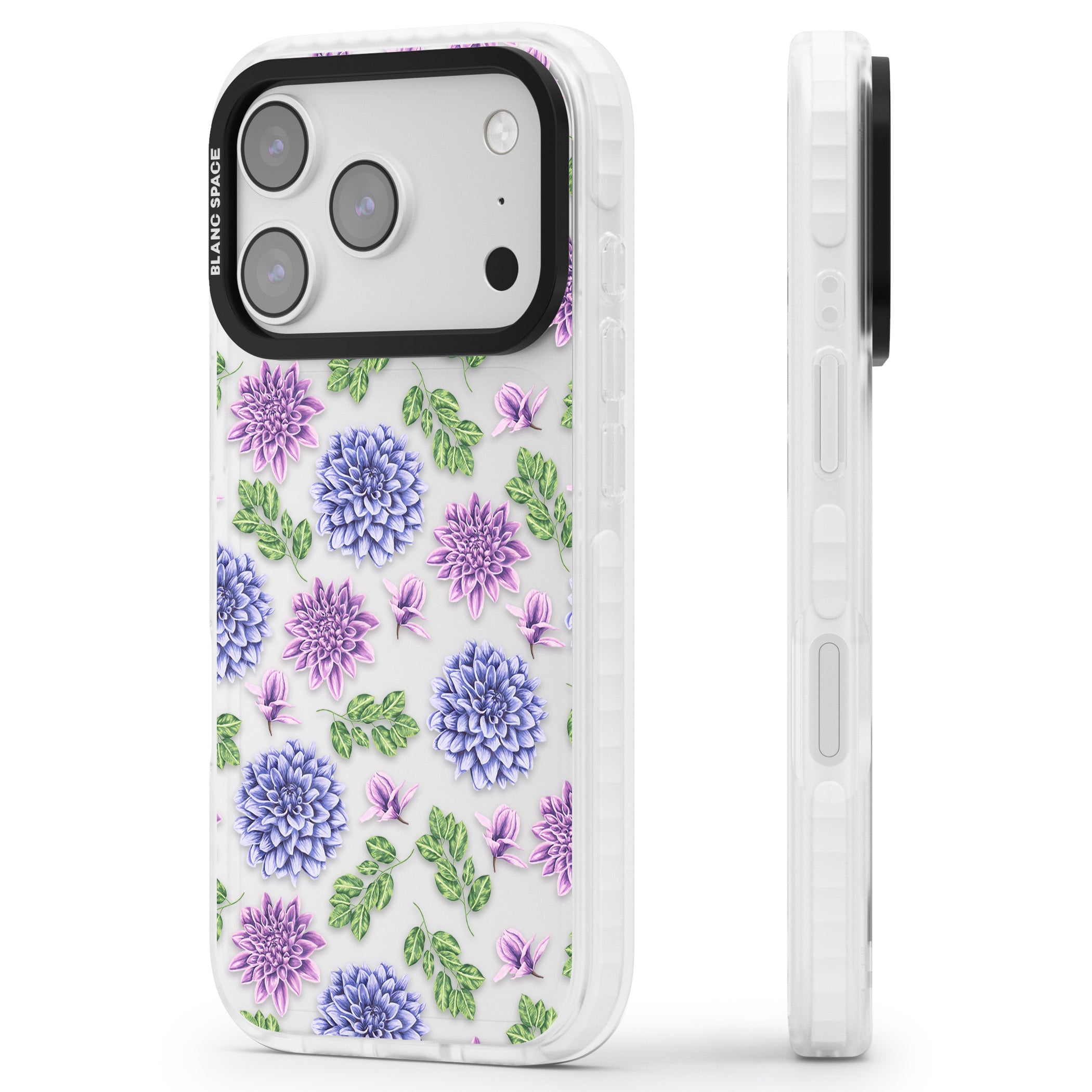 Purple Dahlias Floral iPhone 17 Pro Impact Clear Phone Case Side Profile