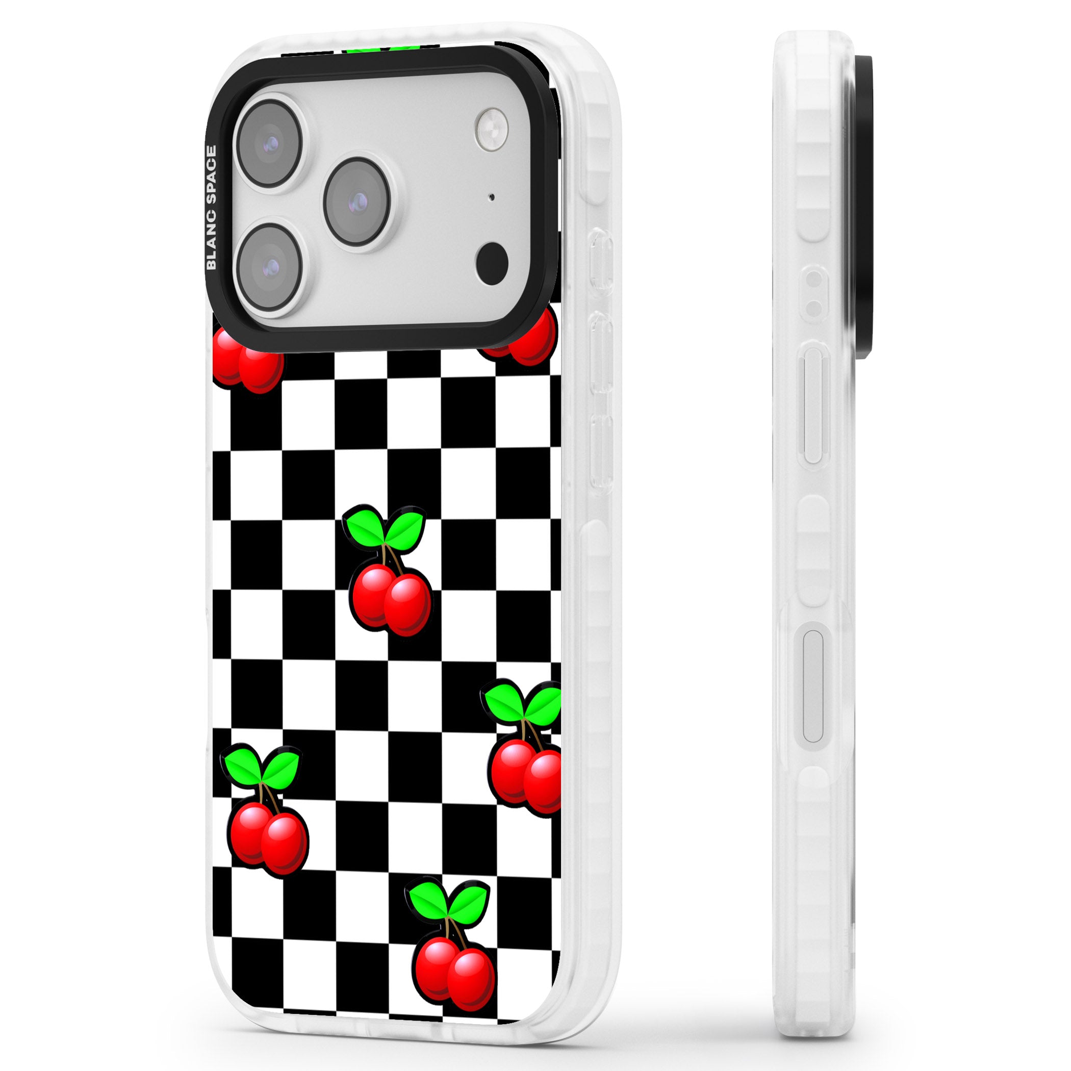 Checkered Cherry iPhone 17 Pro Impact Clear Phone Case Side Profile