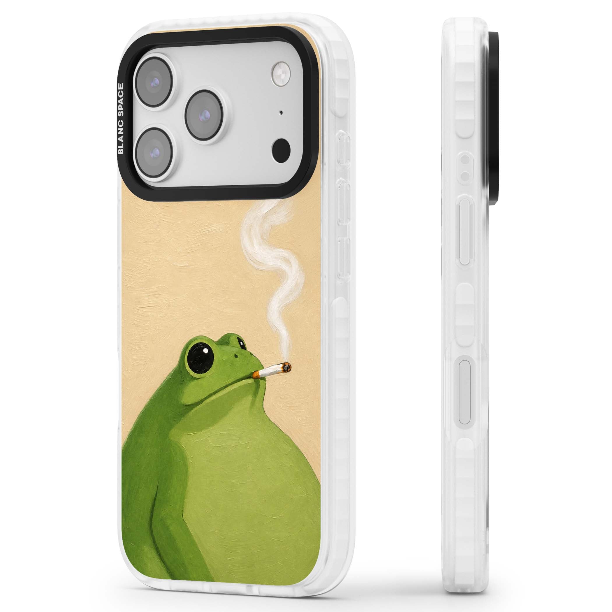 The Smoking Frog cottagecore iPhone case featuring a hand-painted green frog smoking a cigarette on a cream oil painting back | Black Impact case for iPhone 17 Pro, iPhone 17 Pro Max