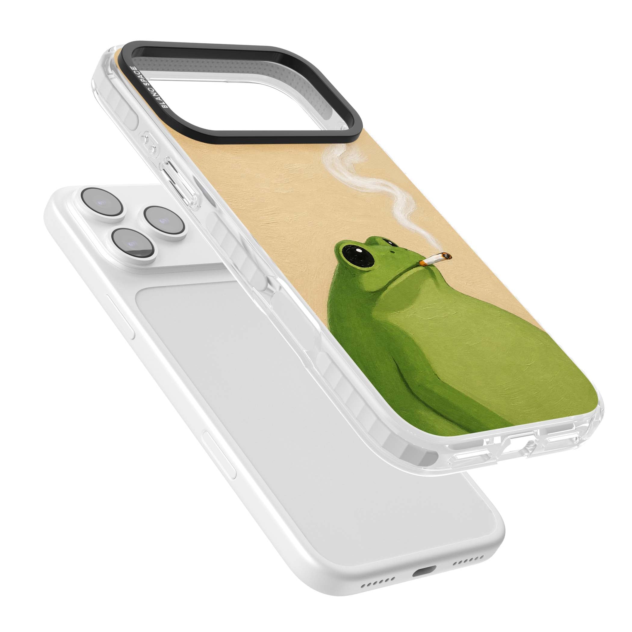 The Smoking Frog cottagecore iPhone case featuring a hand-painted green frog smoking a cigarette on a cream oil painting back | Black Impact case for iPhone 17 Pro, iPhone 17 Pro Max