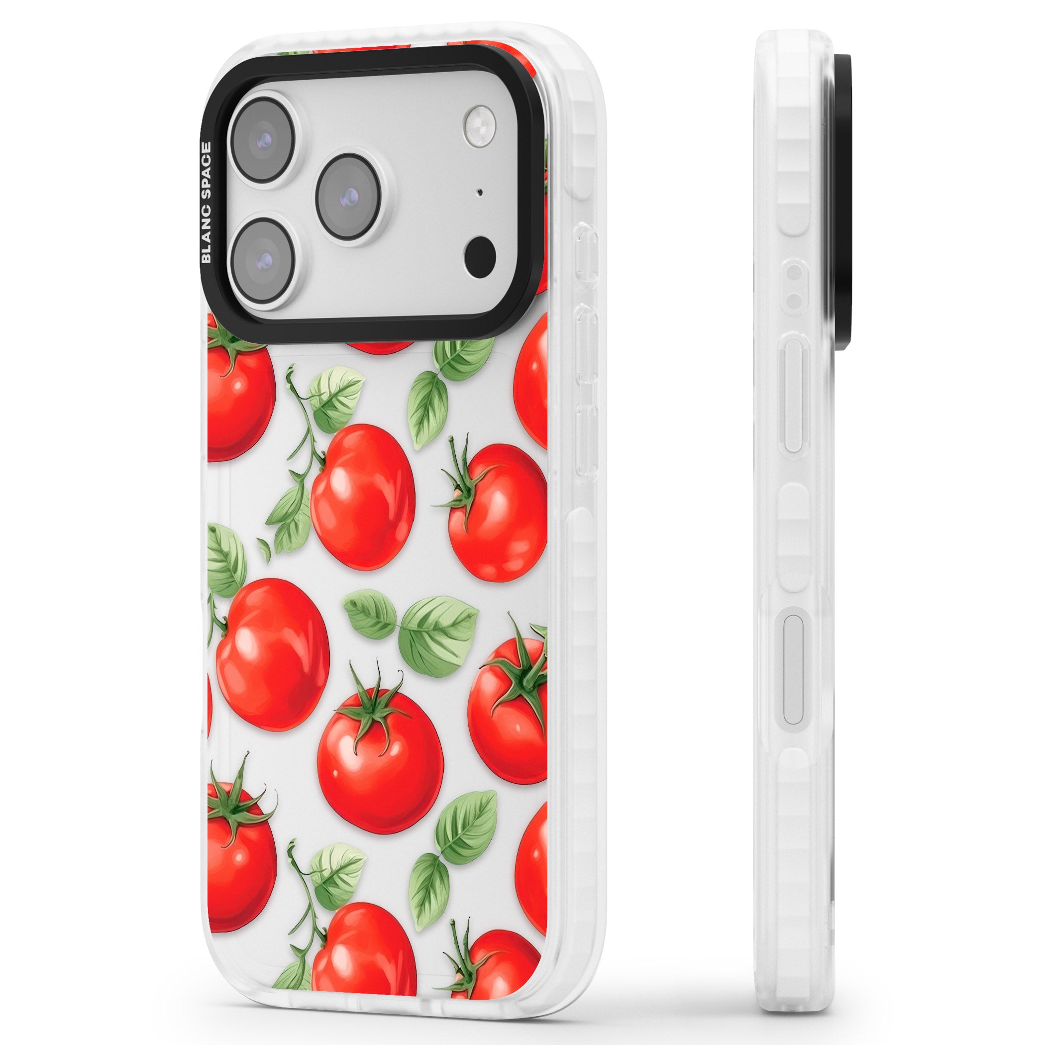 Tomato Pattern iPhone 17 Pro Impact Clear Phone Case Side Profile