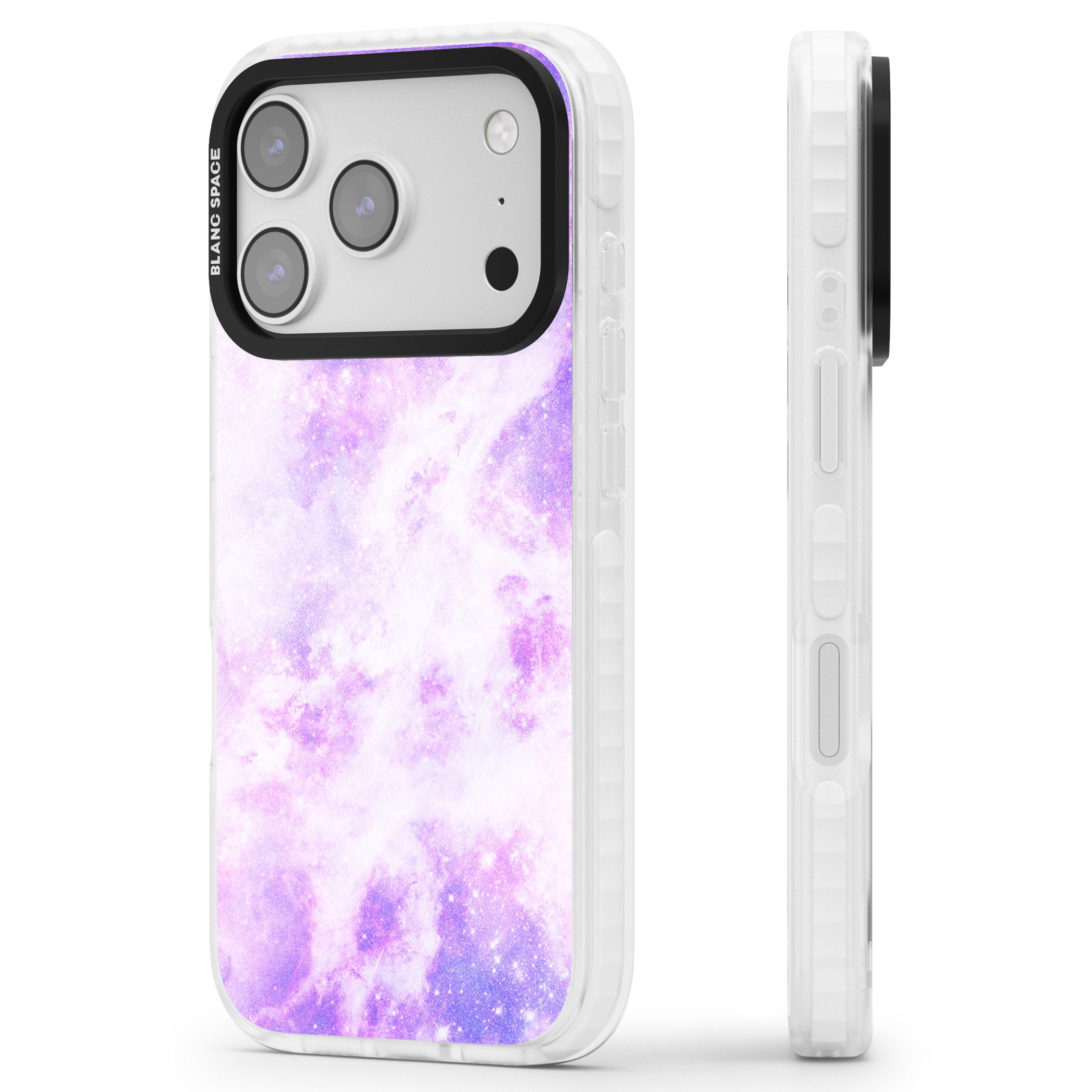 Purple Galaxy Vibes iPhone 17 Pro Impact Clear Phone Case Side Profile