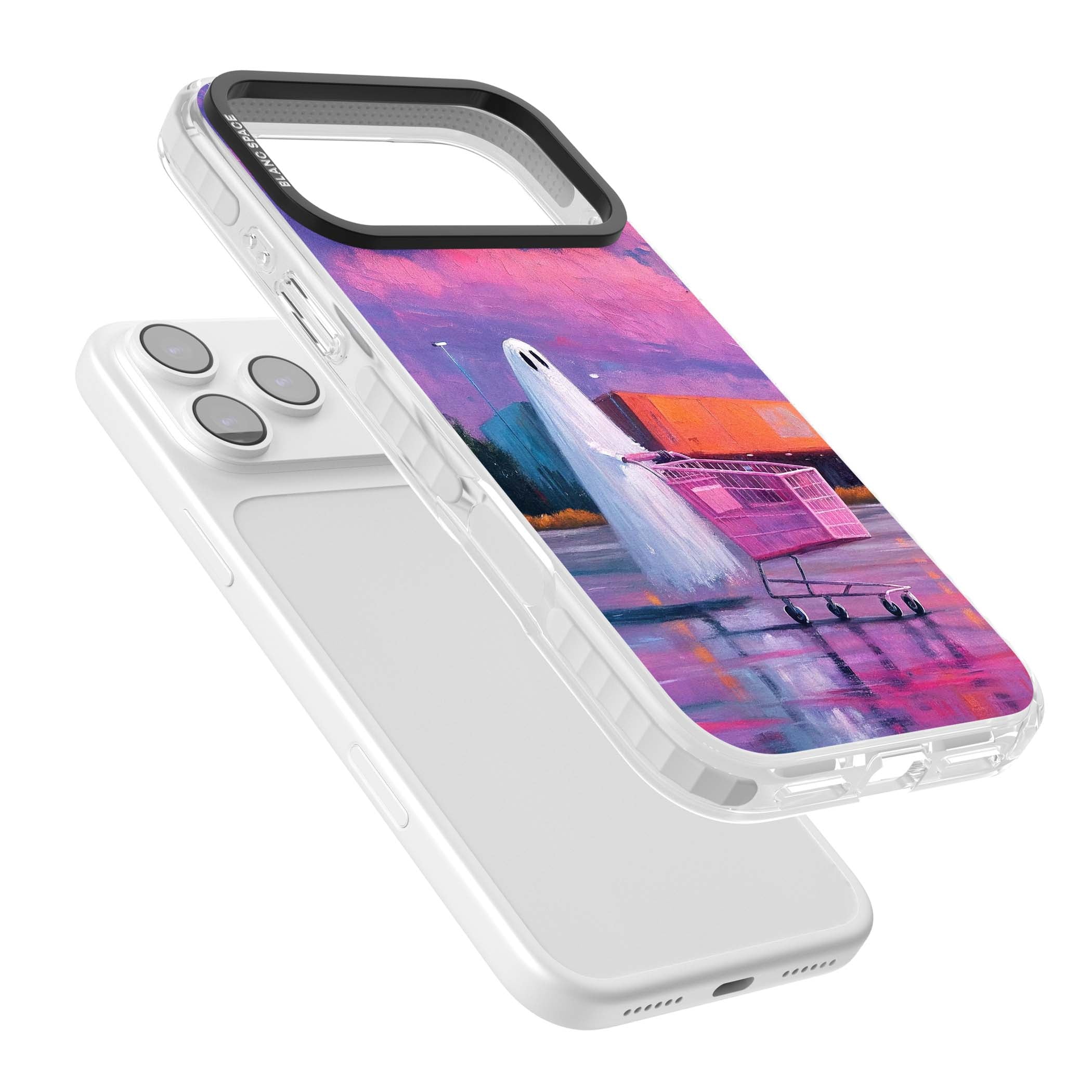 A Ghost's Errand ghost halloween iPhone case featuring a painted ghost, pink shopping trolley and purple sunset sky | Black Impact case for iPhone 17 Pro, iPhone 17 Pro Max