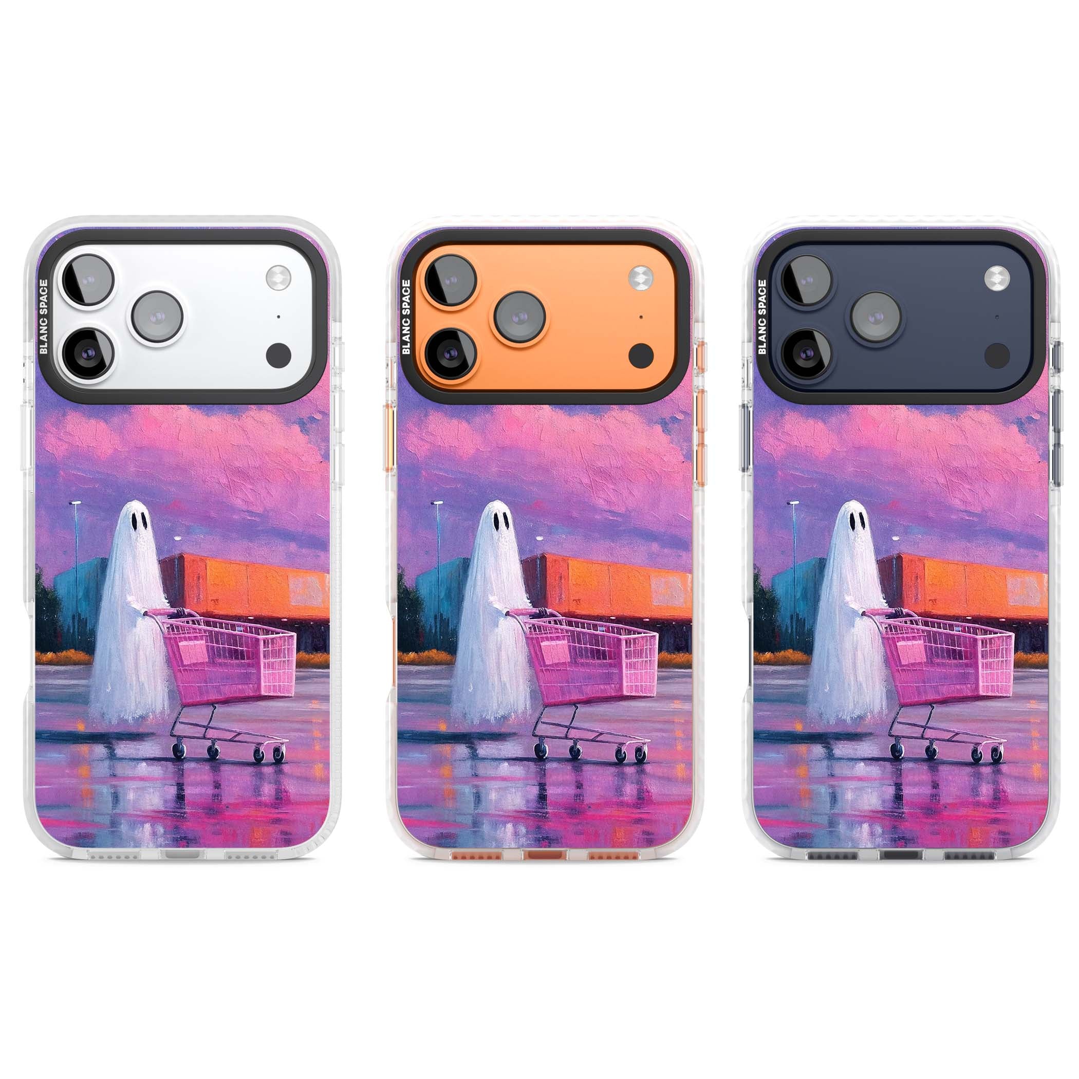 A Ghost's Errand ghost halloween iPhone case featuring a painted ghost, pink shopping trolley and purple sunset sky | Black Impact case for iPhone 17 Pro, iPhone 17 Pro Max