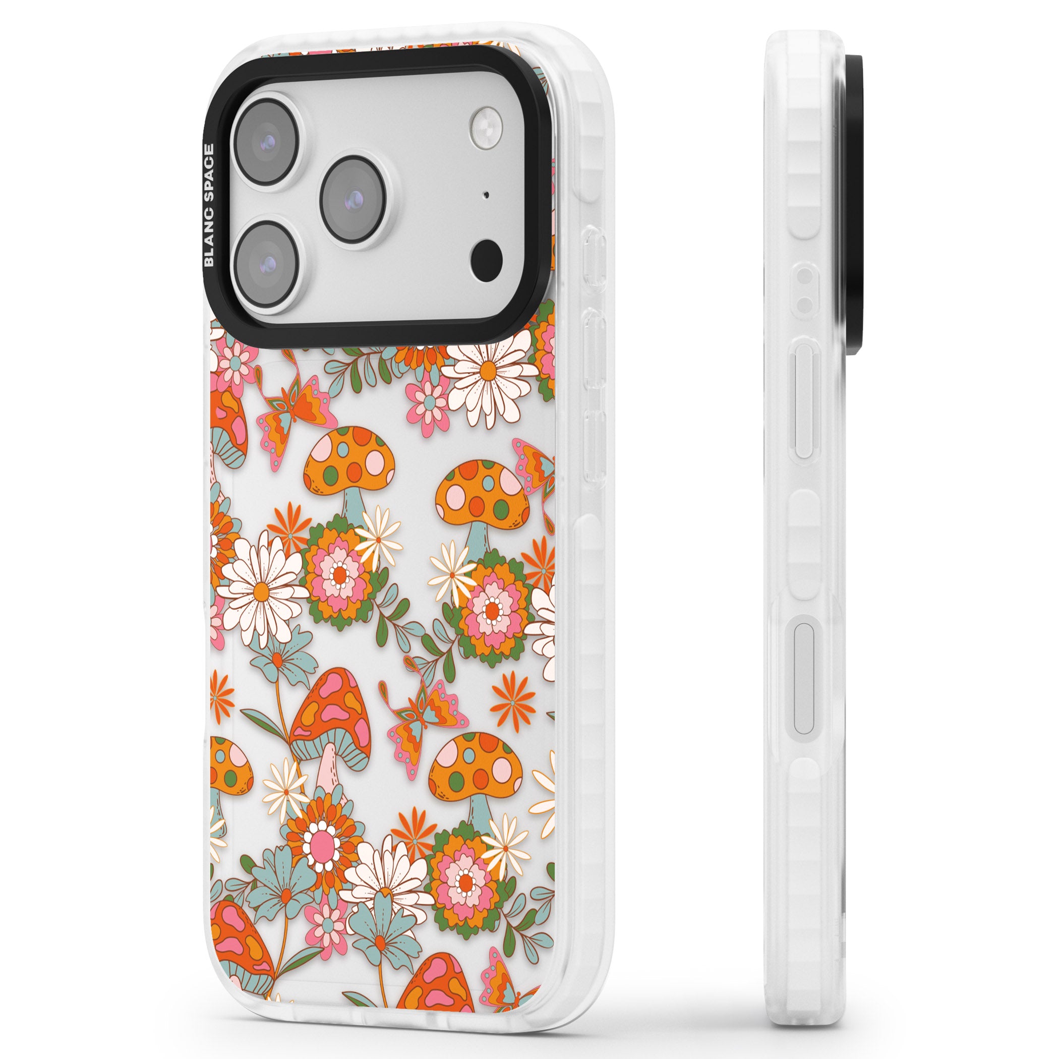 Groovy Shrooms & Flowers iPhone 17 Pro Impact Clear Phone Case Side Profile