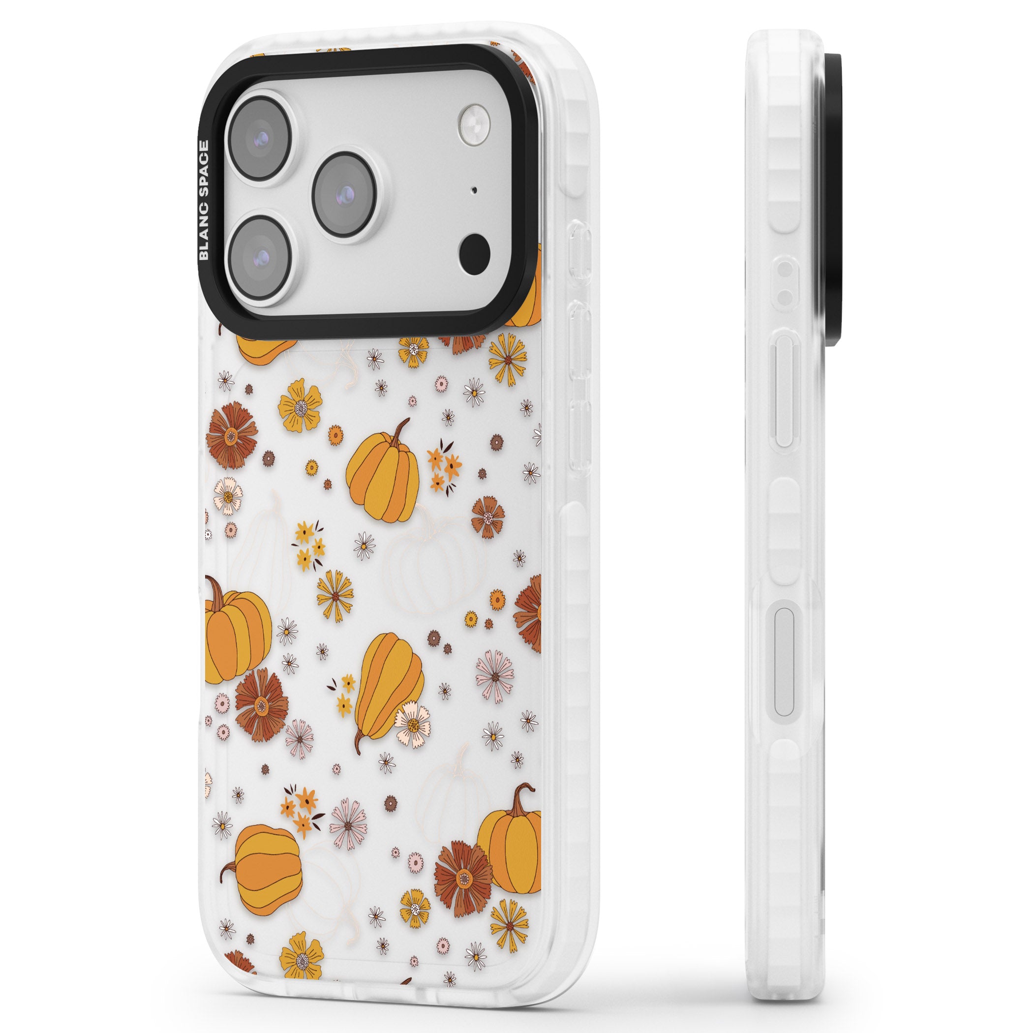 Halloween Pumpkins And Flowers iPhone 17 Pro Impact Clear Phone Case Side Profile