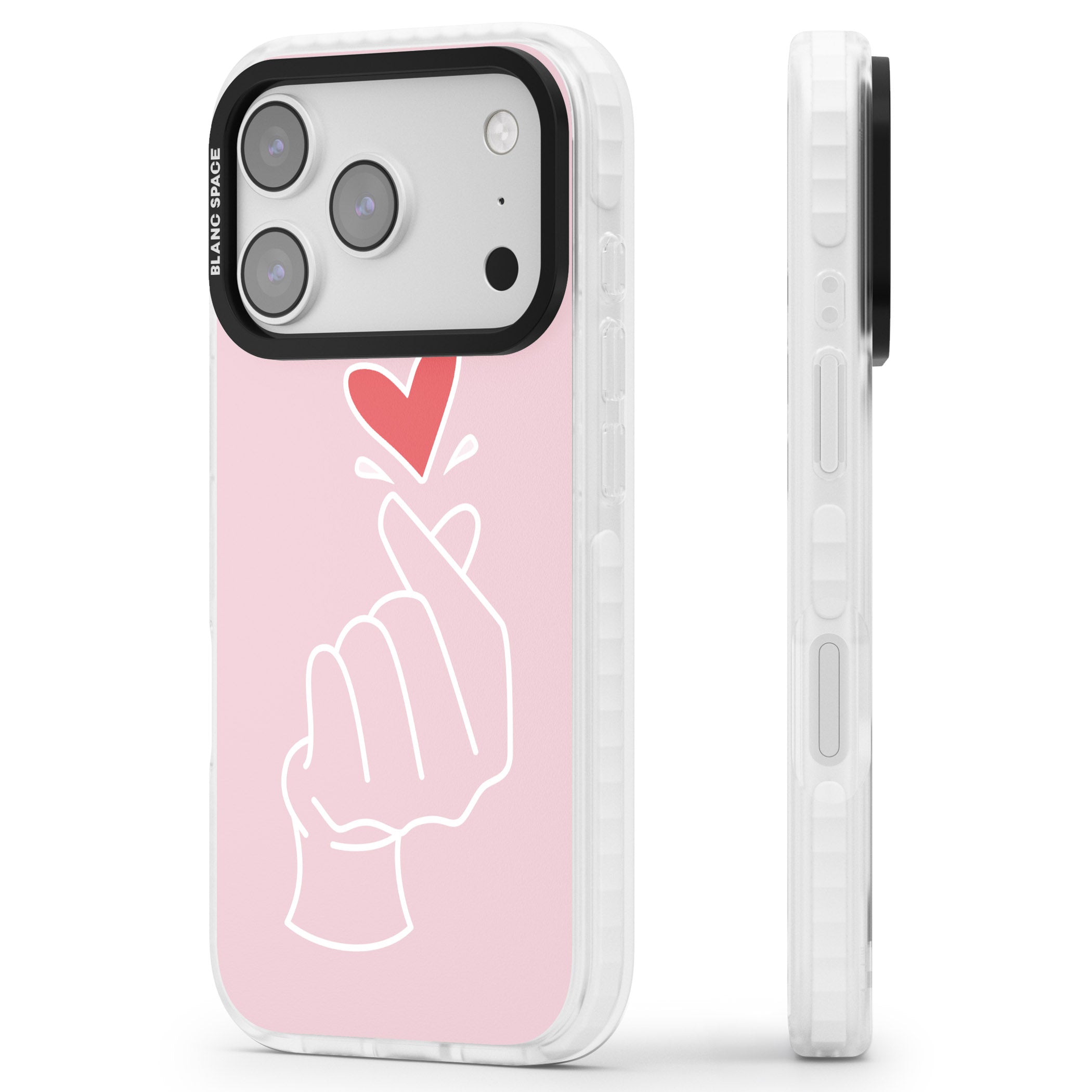 Pink Heart Hand iPhone 17 Pro Impact Clear Phone Case Side Profile