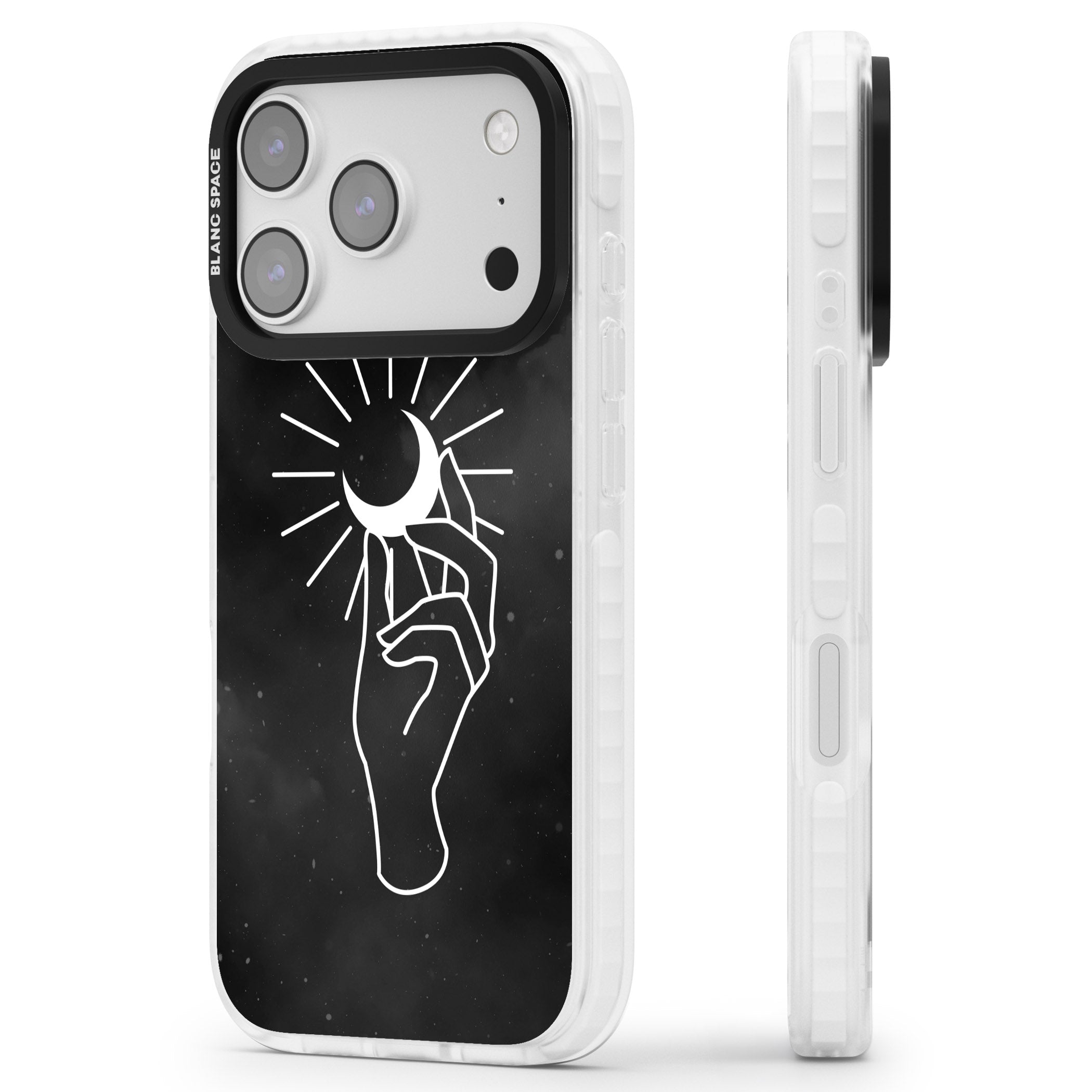 Hand Holding Celestial Moon iPhone 17 Pro Impact Clear Phone Case Side Profile