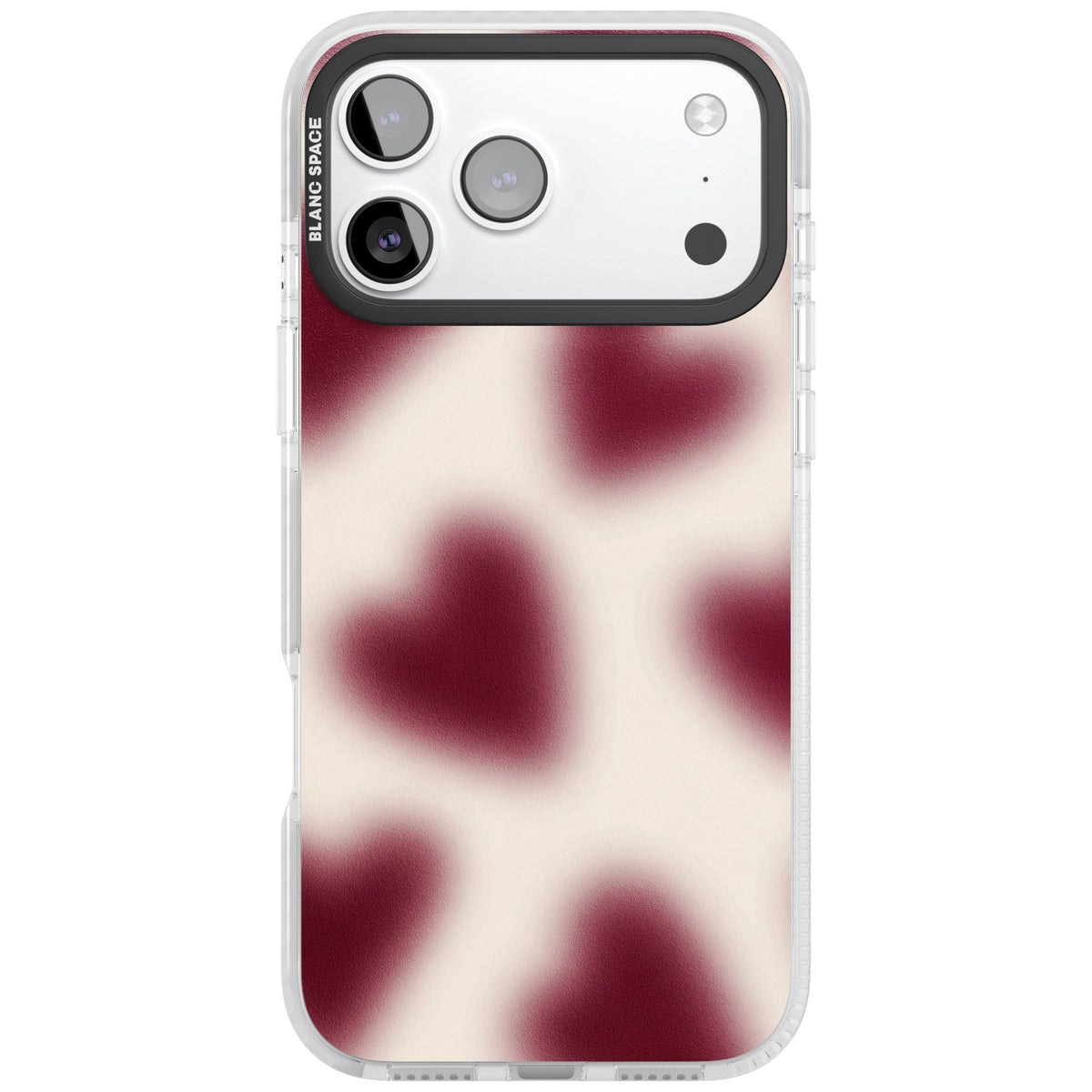 Velvet Hearts coquette iPhone case featuring blurry burgundy aura hearts on a soft cream background iPhone 17 Pro Max Impact Clear Phone Case front