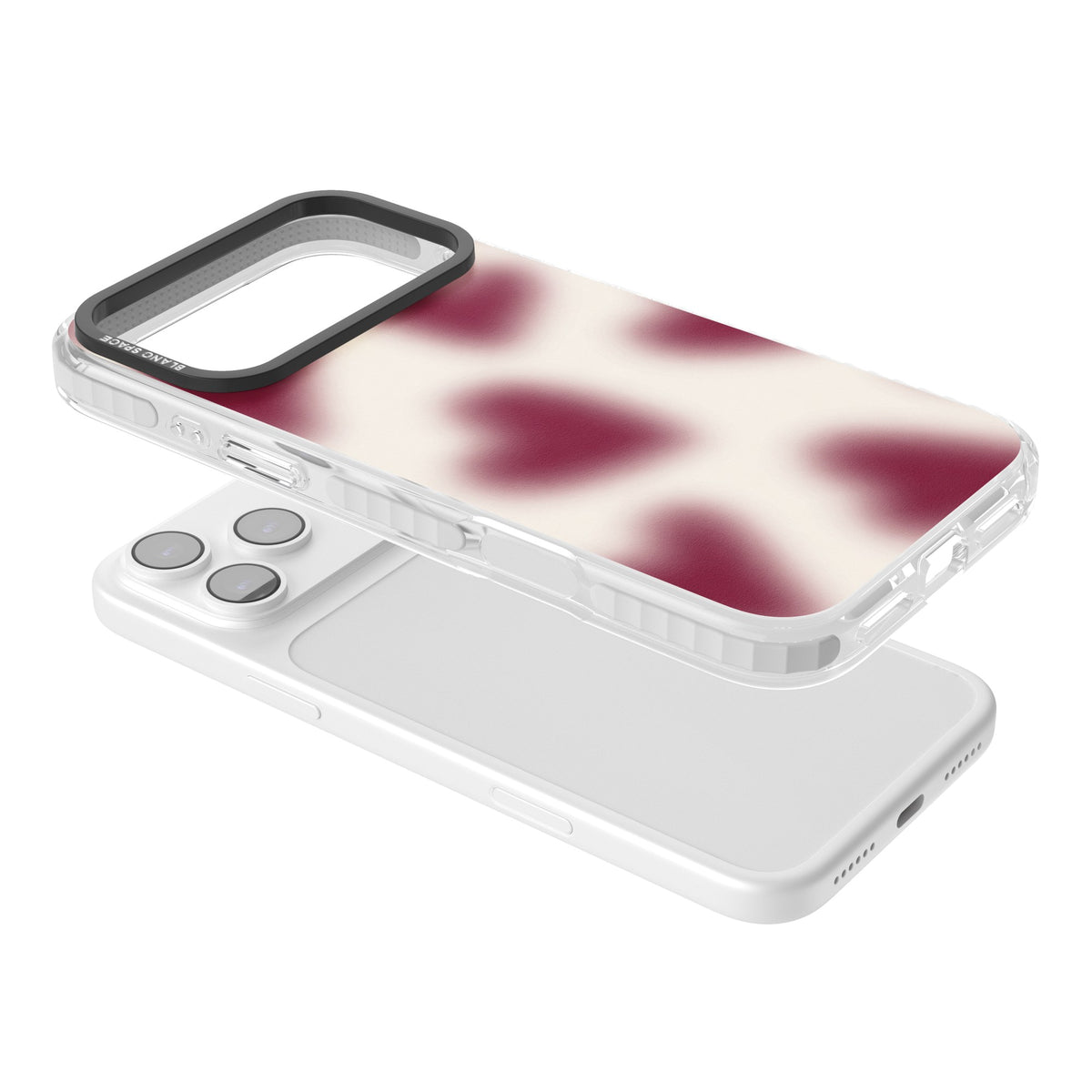 Velvet Hearts coquette iPhone case featuring blurry burgundy aura hearts on a soft cream background iPhone 17 Pro Max Impact Clear Phone Case angled